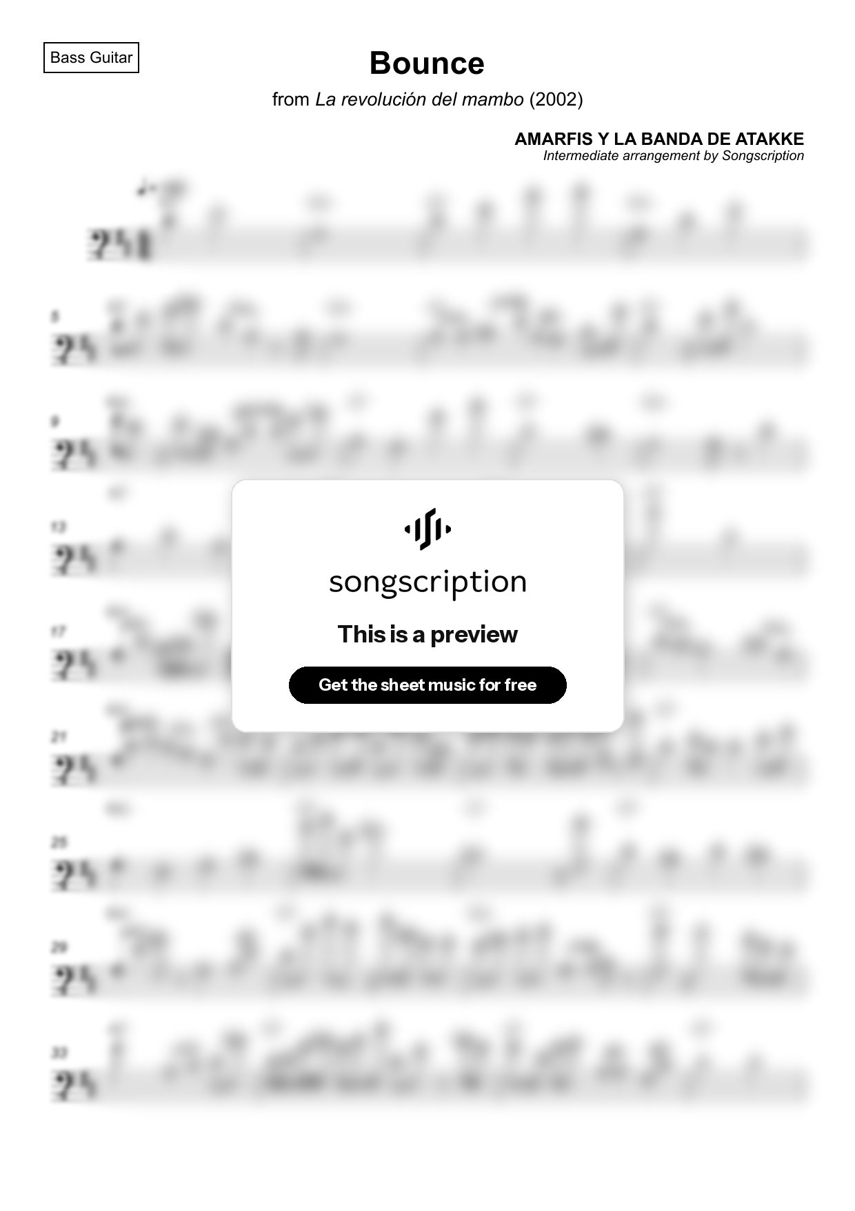 Intermediate Bass Guitar Sheet Music for "Bounce" by AMARFIS Y LA BANDA DE ATAKKE