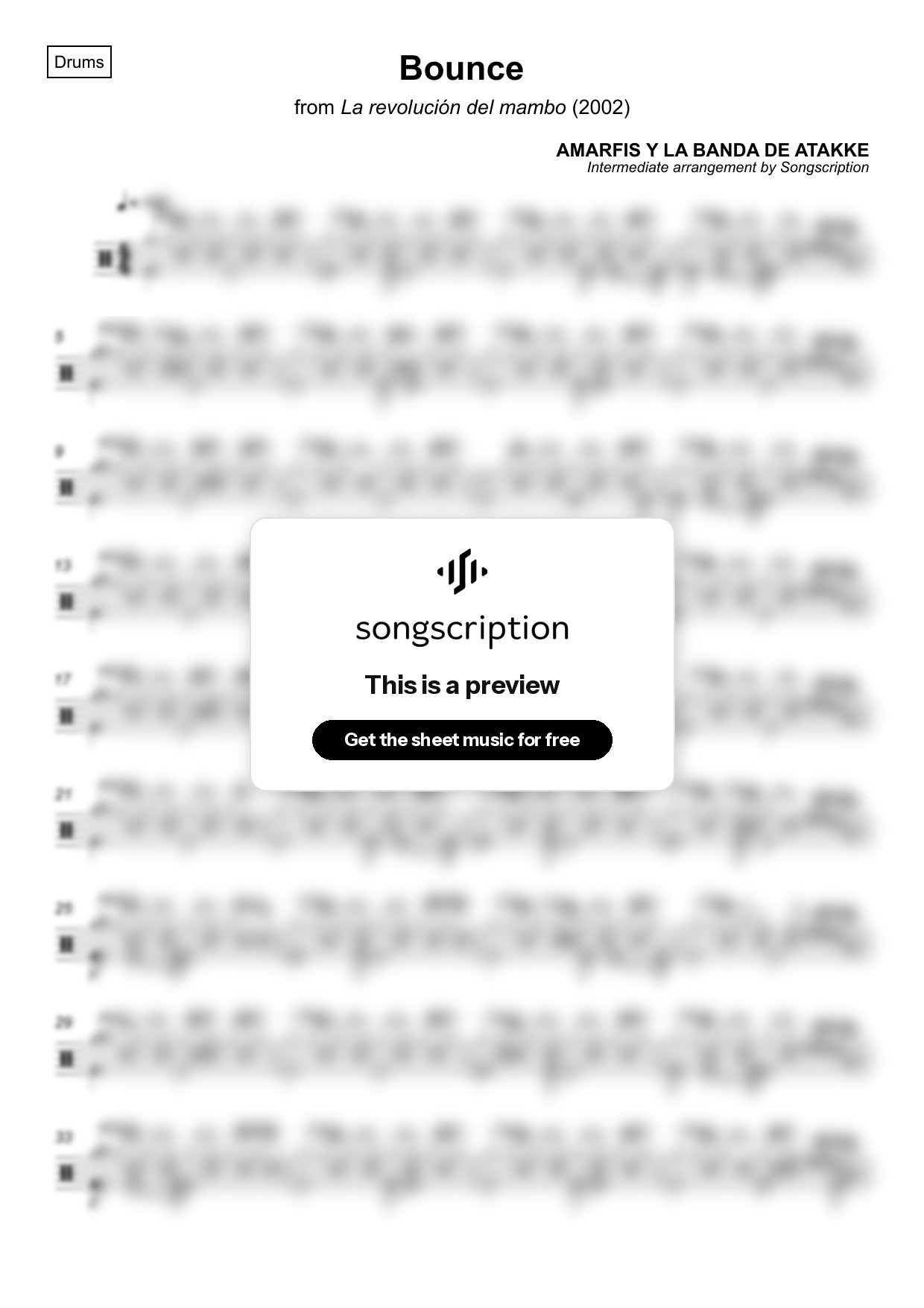 Intermediate Drums Sheet Music for "Bounce" by AMARFIS Y LA BANDA DE ATAKKE