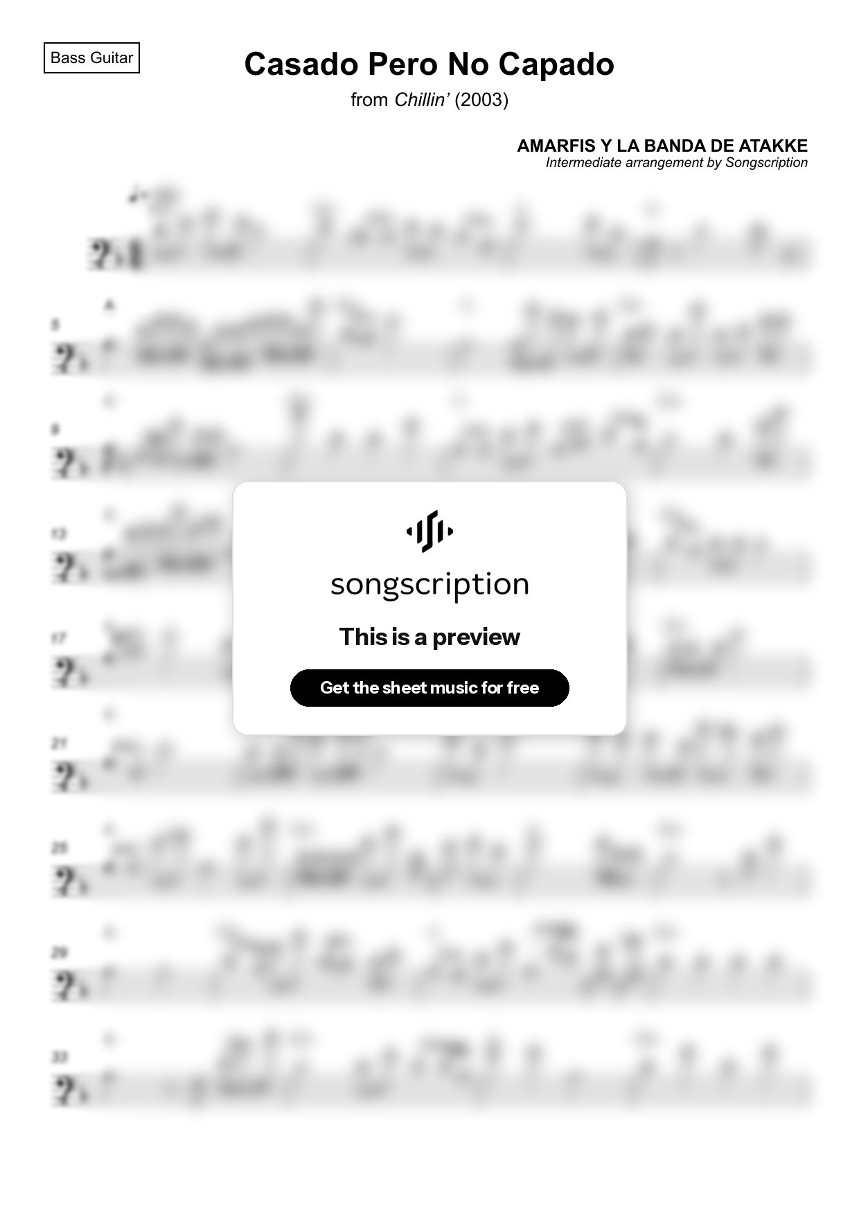 Intermediate Bass Guitar Sheet Music for "Casado Pero No Capado" by AMARFIS Y LA BANDA DE ATAKKE