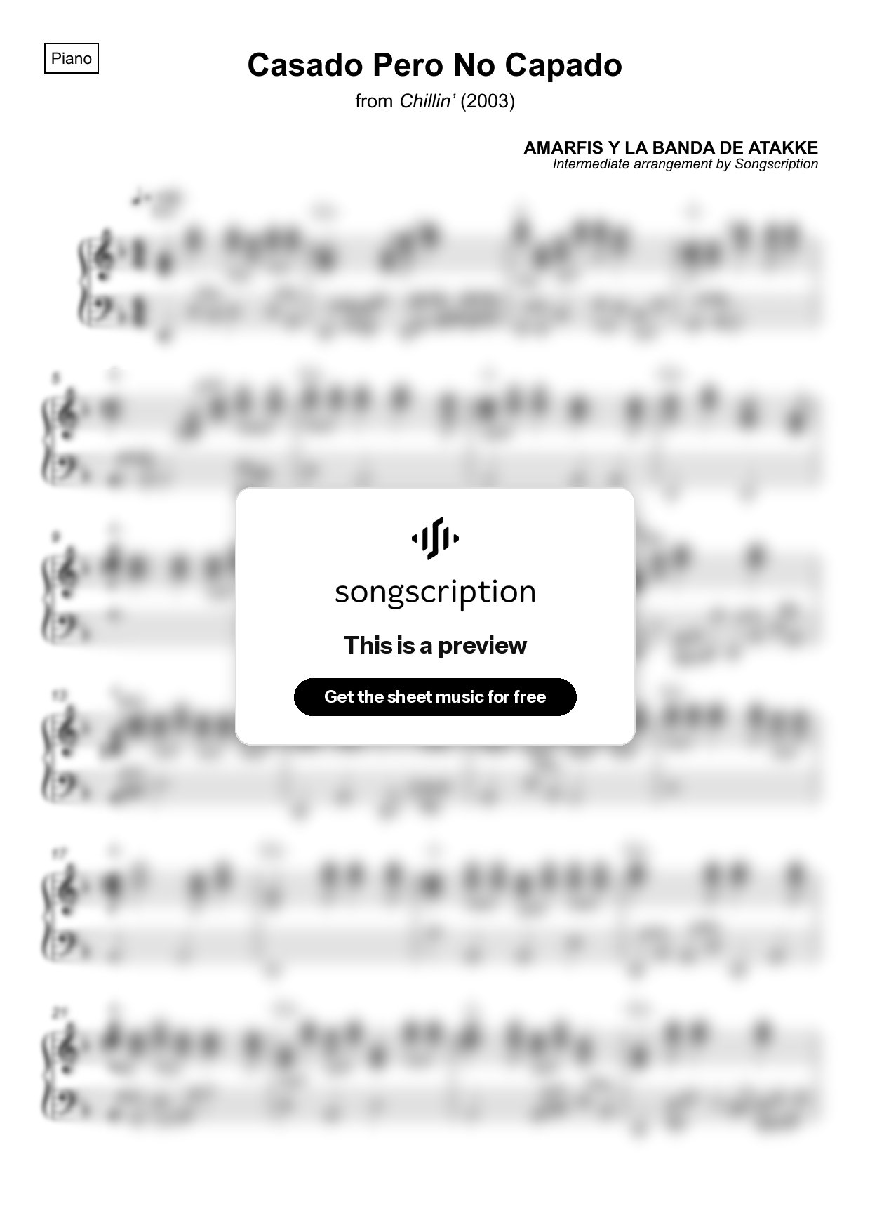 Intermediate Piano Sheet Music for "Casado Pero No Capado" by AMARFIS Y LA BANDA DE ATAKKE