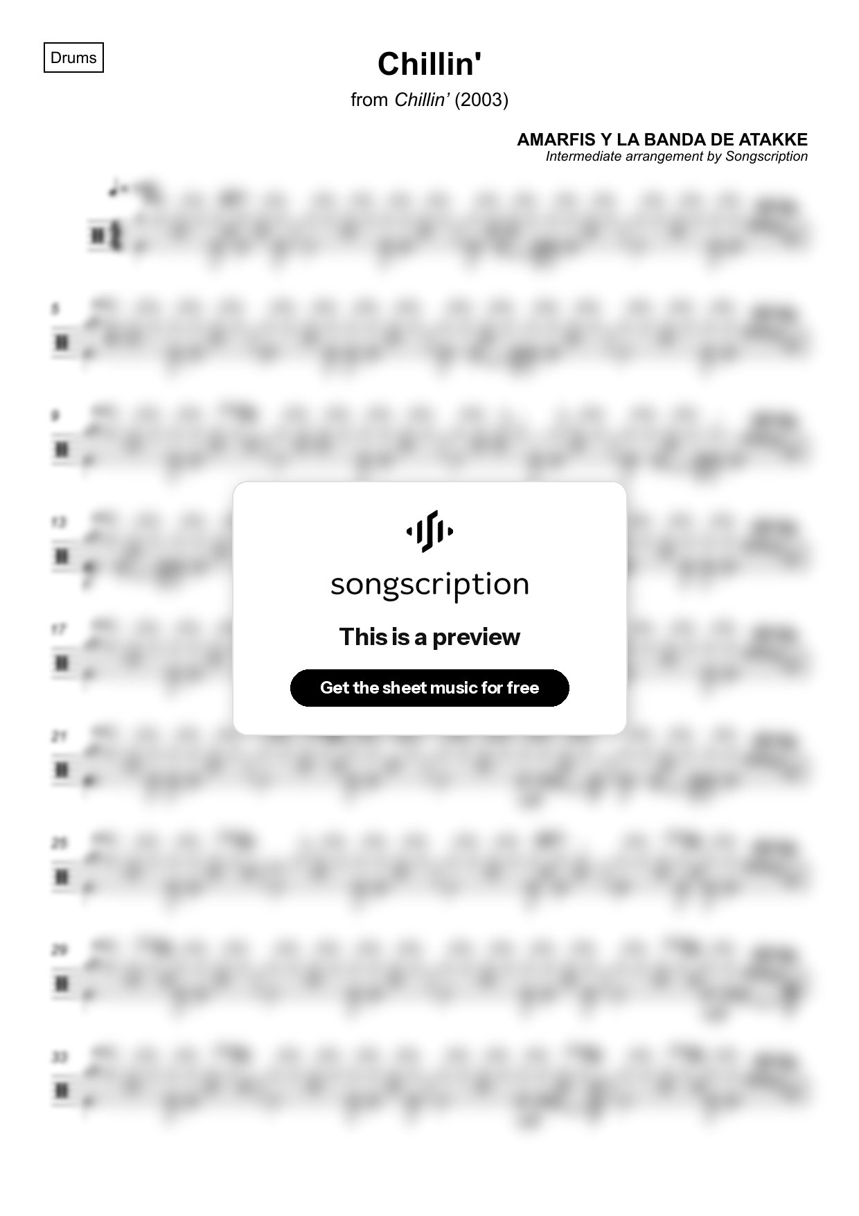 Intermediate Drums Sheet Music for "Chillin'" by AMARFIS Y LA BANDA DE ATAKKE