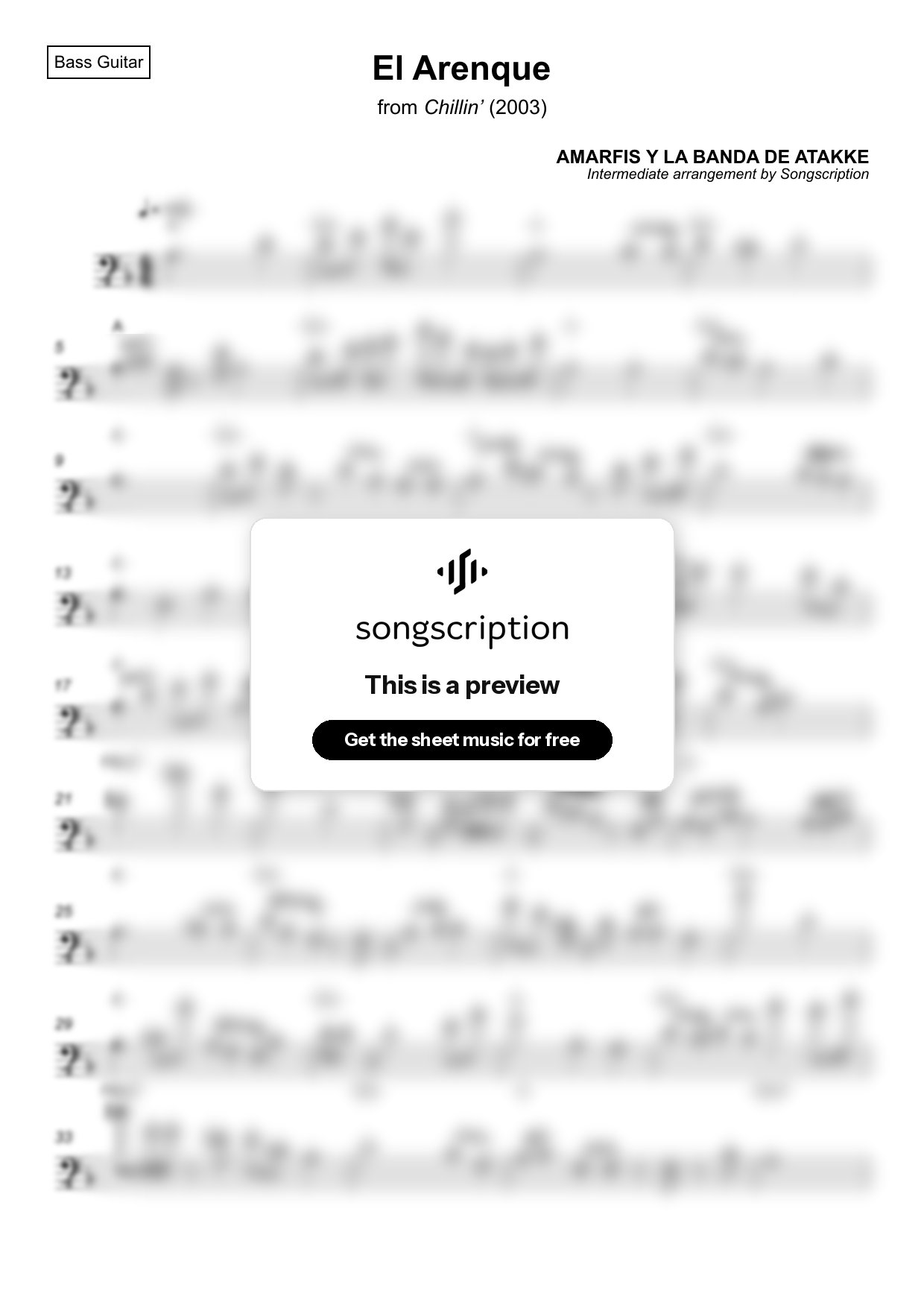 Intermediate Bass Guitar Sheet Music for "El Arenque" by AMARFIS Y LA BANDA DE ATAKKE