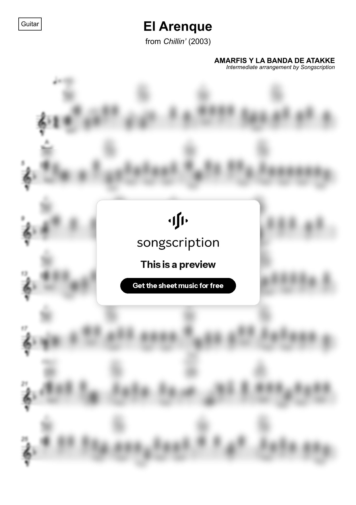Intermediate Acoustic Guitar Sheet Music for "El Arenque" by AMARFIS Y LA BANDA DE ATAKKE