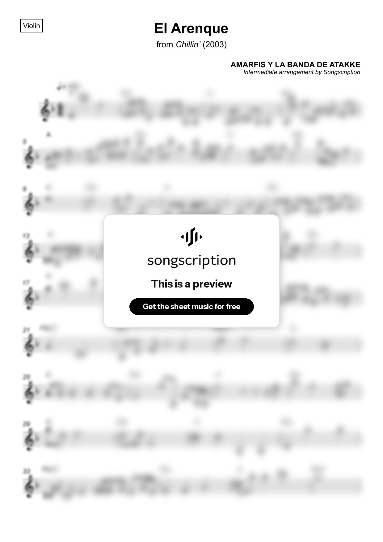Intermediate Violin Sheet Music for "El Arenque" by AMARFIS Y LA BANDA DE ATAKKE