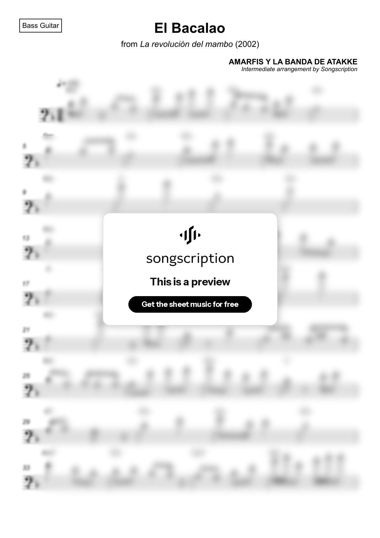 Intermediate Bass Guitar Sheet Music for "El Bacalao" by AMARFIS Y LA BANDA DE ATAKKE