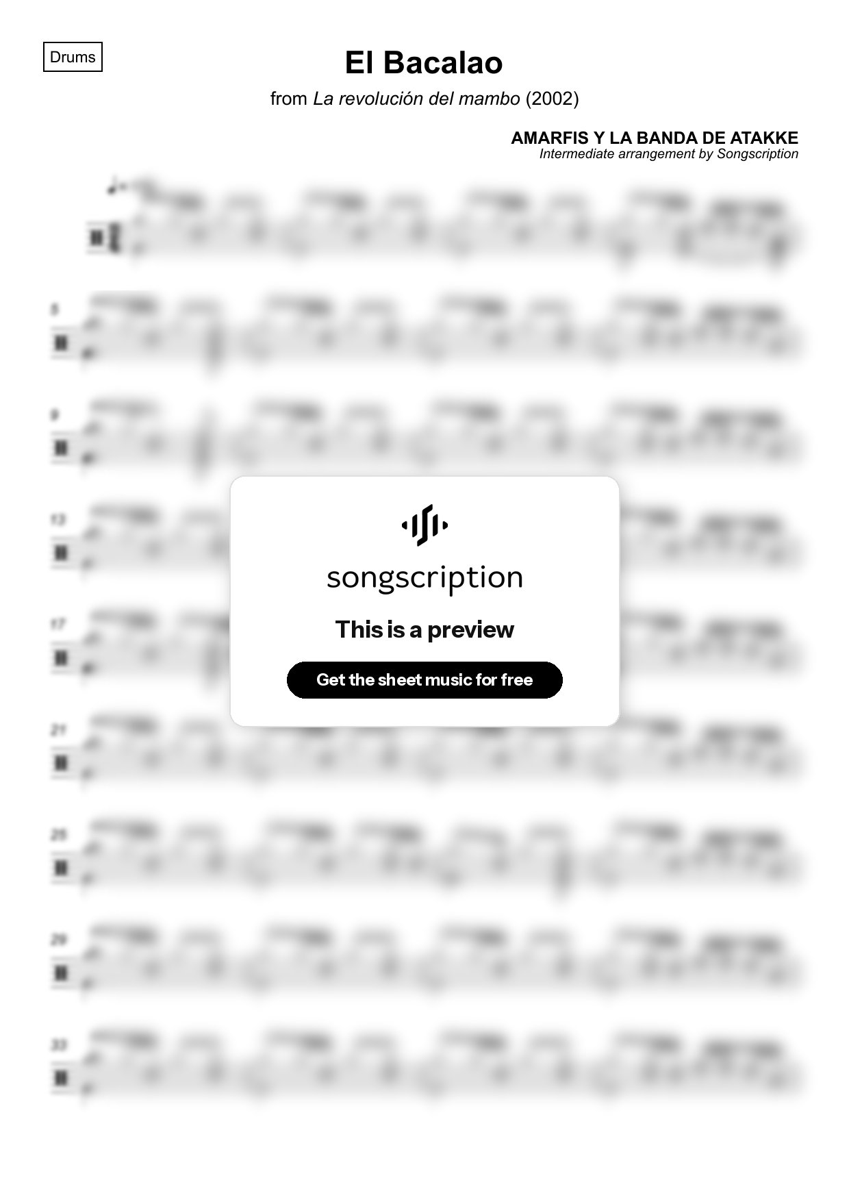 Intermediate Drums Sheet Music for "El Bacalao" by AMARFIS Y LA BANDA DE ATAKKE
