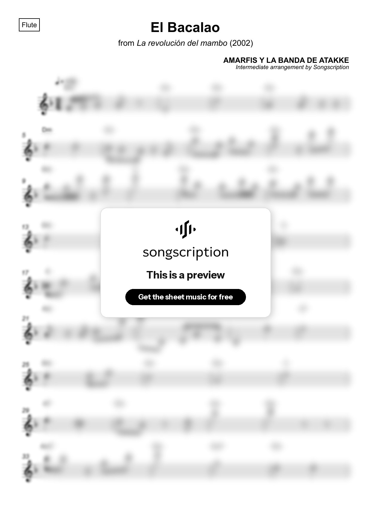 Intermediate Flute Sheet Music for "El Bacalao" by AMARFIS Y LA BANDA DE ATAKKE