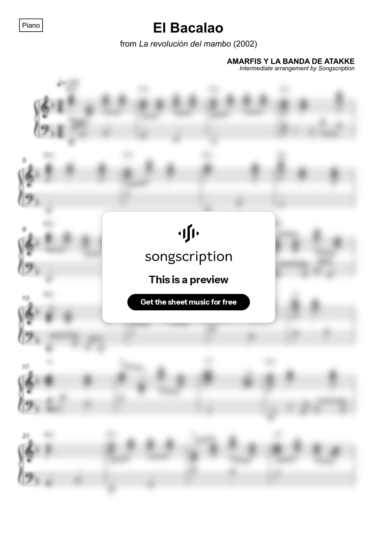 Intermediate Piano Sheet Music for "El Bacalao" by AMARFIS Y LA BANDA DE ATAKKE