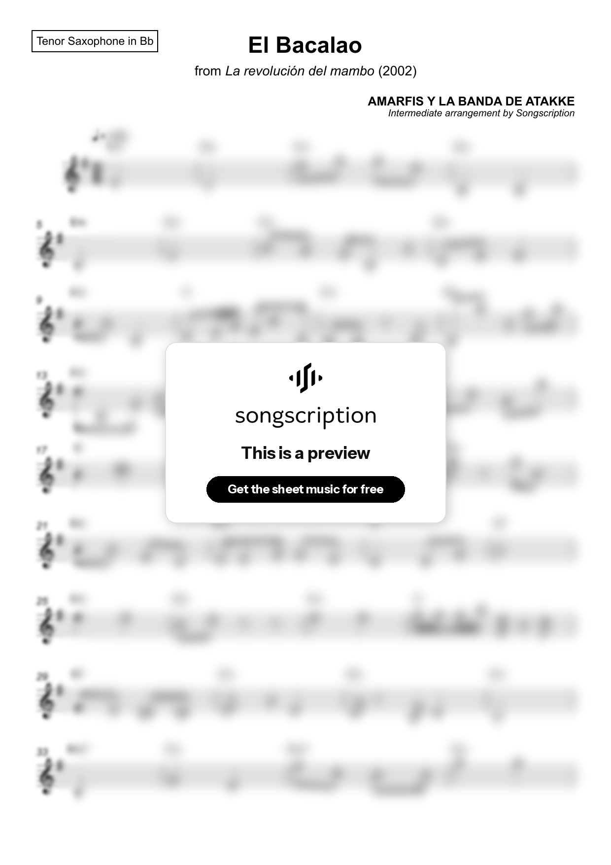 Intermediate Tenor Sax Sheet Music for "El Bacalao" by AMARFIS Y LA BANDA DE ATAKKE