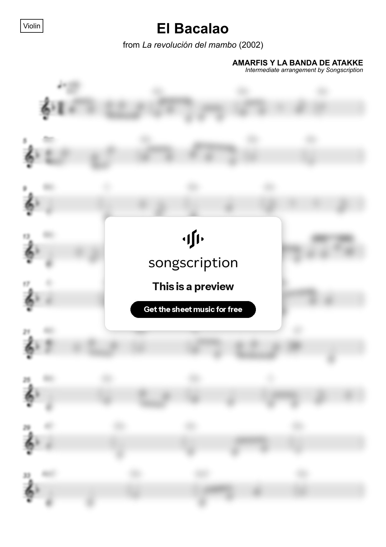 Intermediate Violin Sheet Music for "El Bacalao" by AMARFIS Y LA BANDA DE ATAKKE