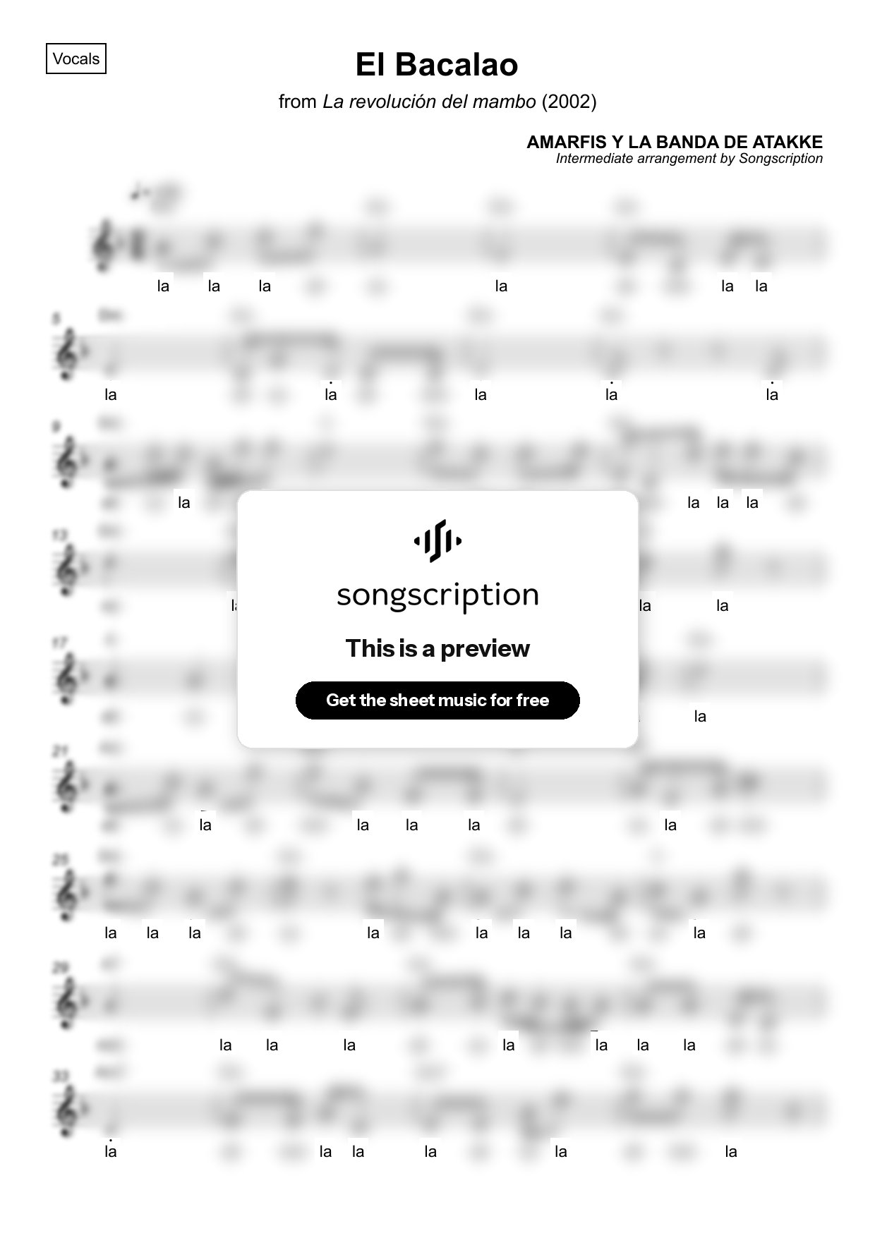 Intermediate Vocals Sheet Music for "El Bacalao" by AMARFIS Y LA BANDA DE ATAKKE