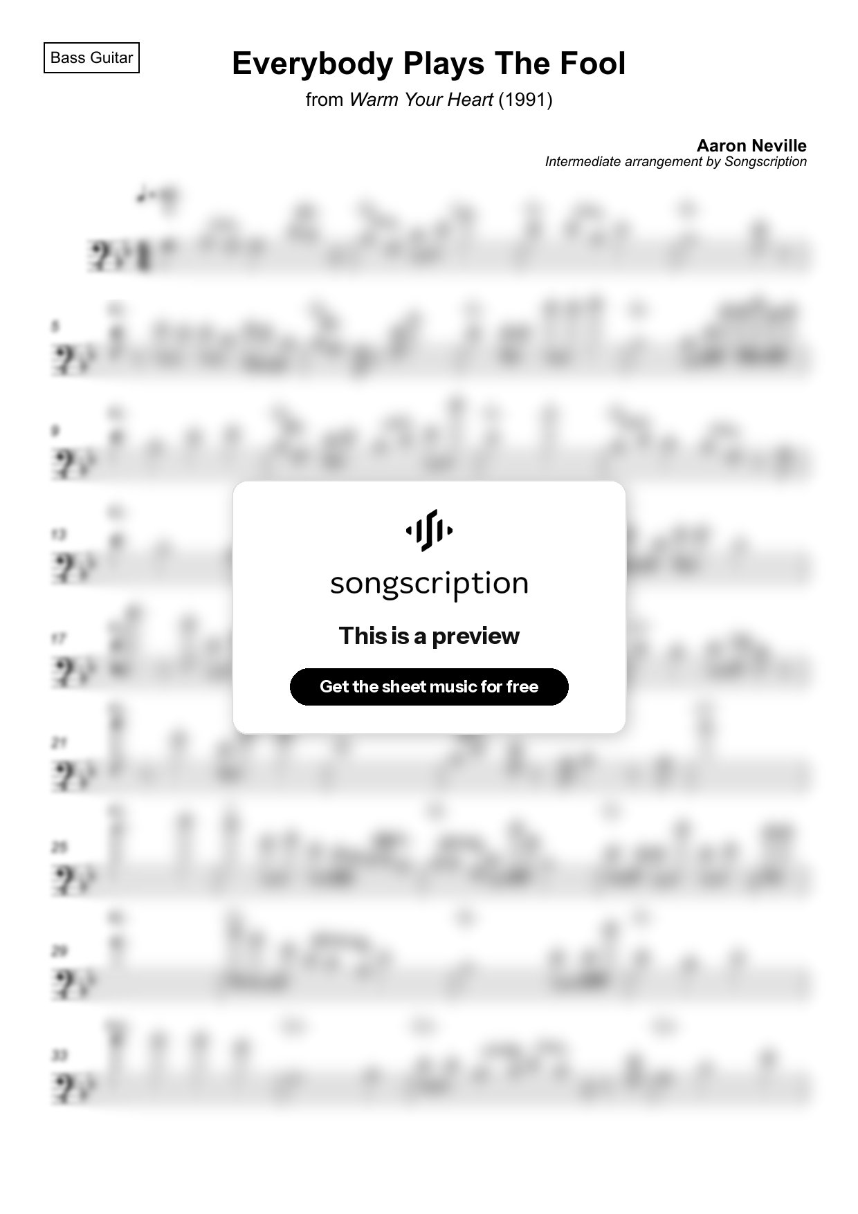 Intermediate Bass Guitar Sheet Music for "Everybody Plays The Fool" by Aaron Neville