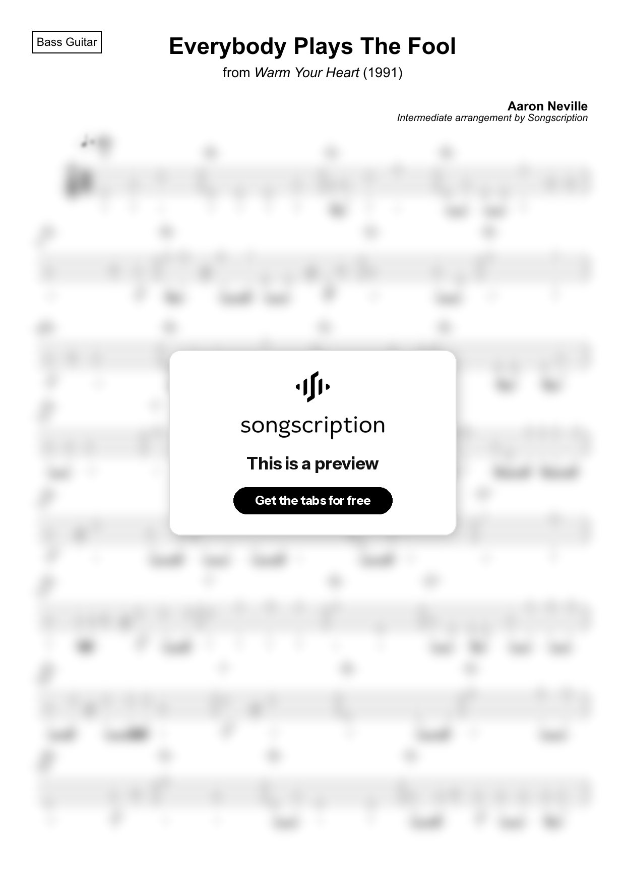 Intermediate Bass Guitar Tabs for "Everybody Plays The Fool" by Aaron Neville