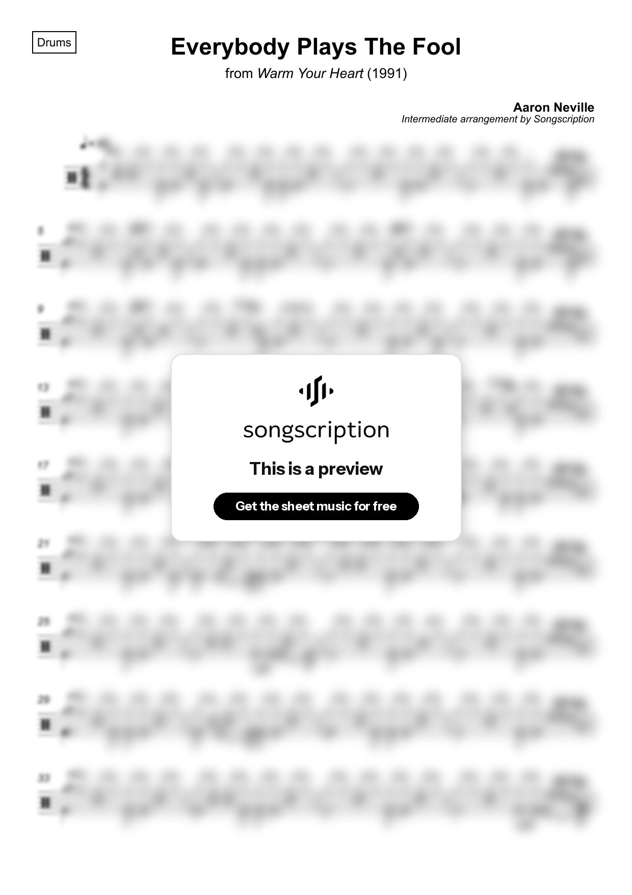 Intermediate Drums Sheet Music for "Everybody Plays The Fool" by Aaron Neville