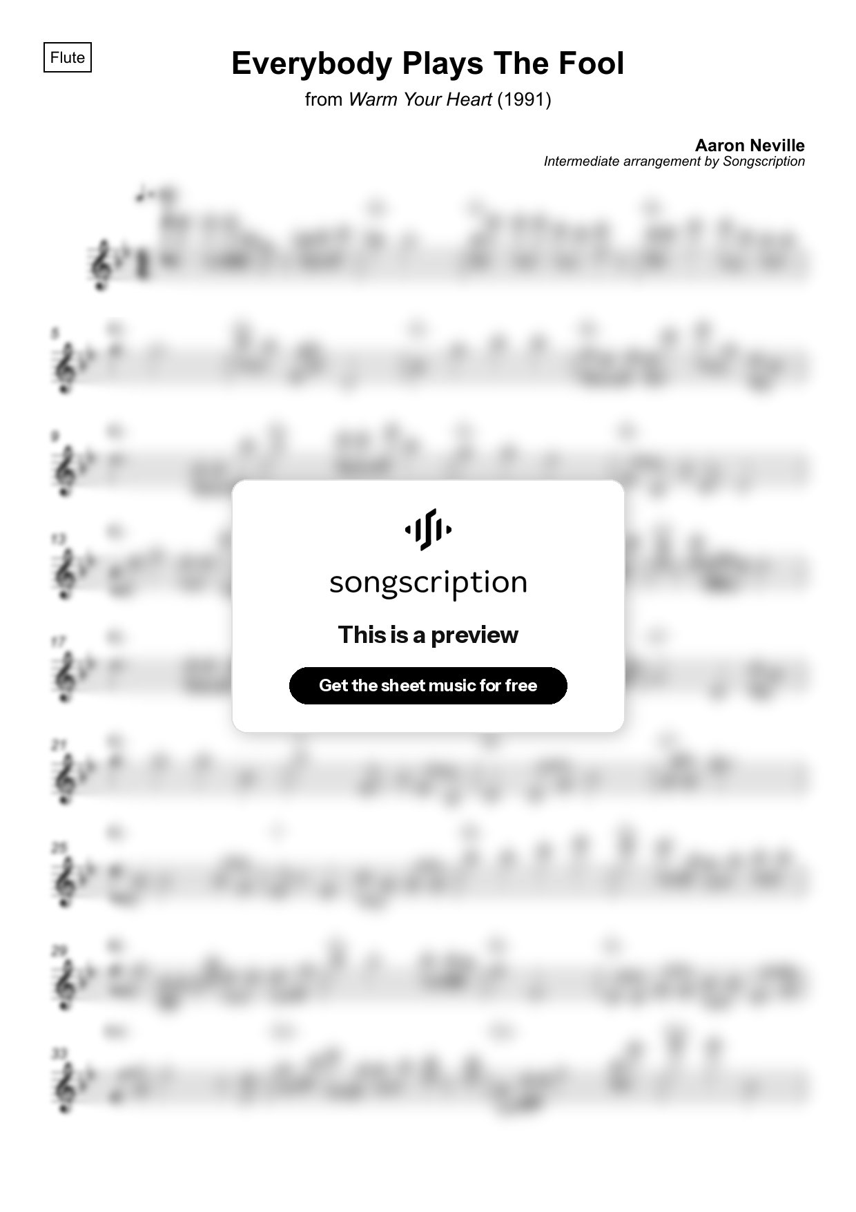 Intermediate Flute Sheet Music for "Everybody Plays The Fool" by Aaron Neville