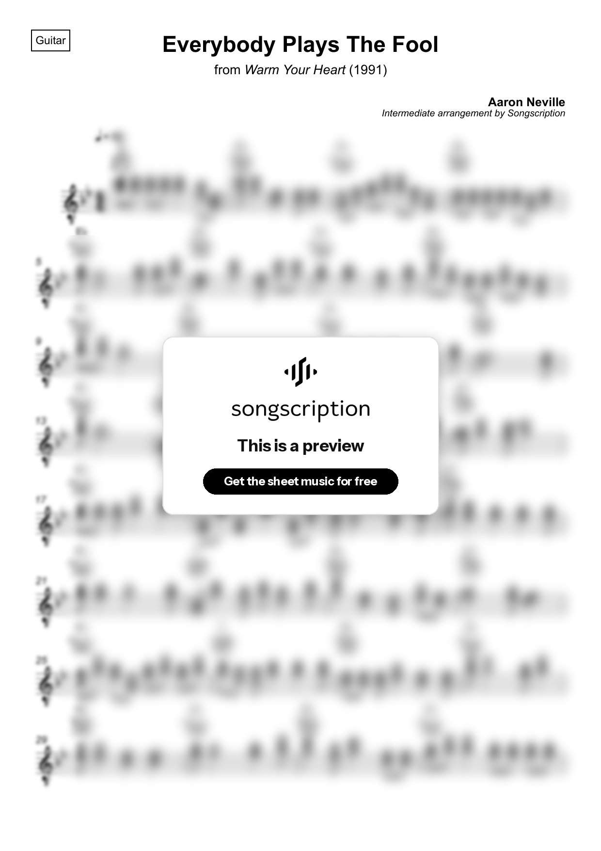 Intermediate Acoustic Guitar Sheet Music for "Everybody Plays The Fool" by Aaron Neville