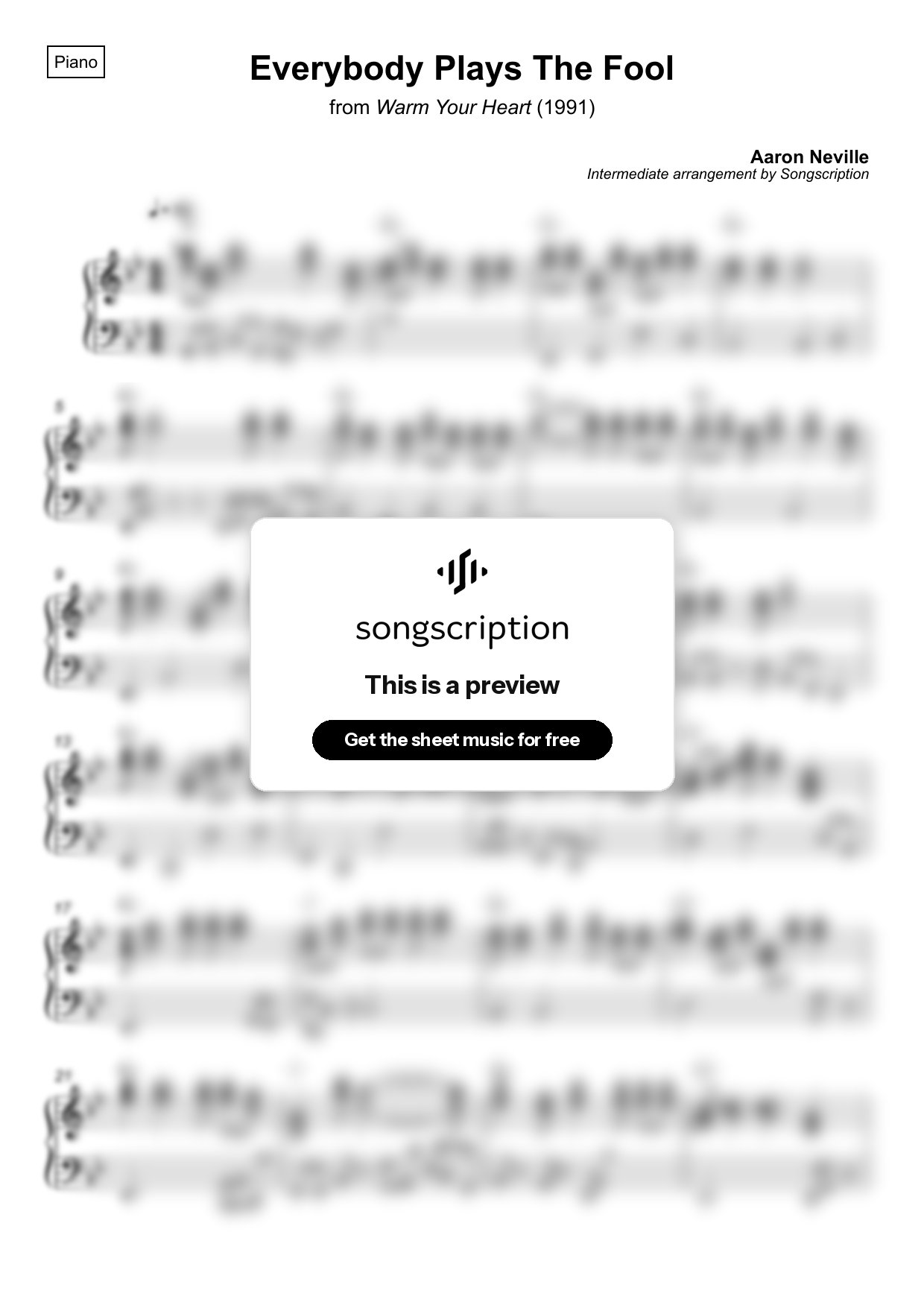 Intermediate Piano Sheet Music for "Everybody Plays The Fool" by Aaron Neville