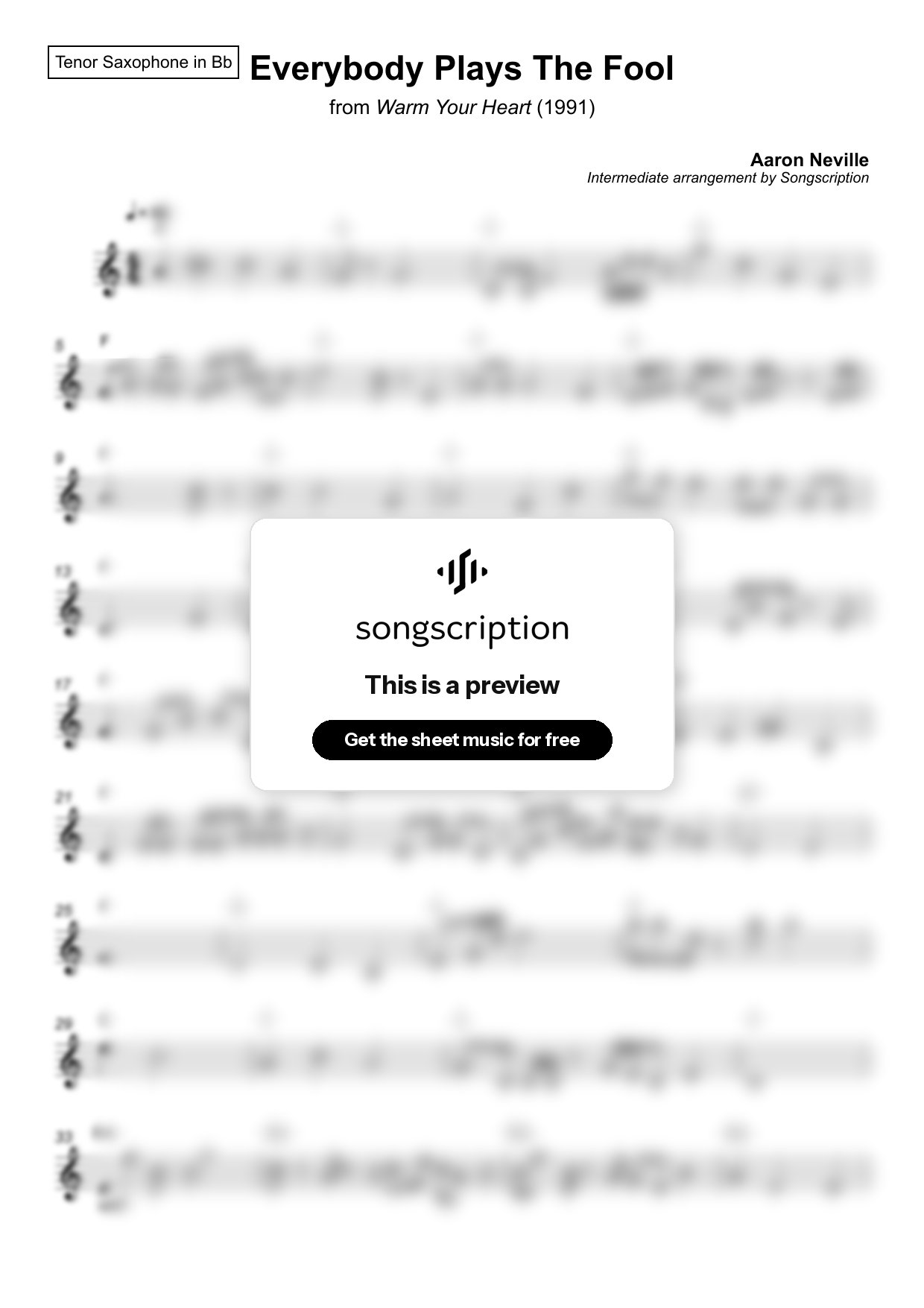 Intermediate Tenor Sax Sheet Music for "Everybody Plays The Fool" by Aaron Neville