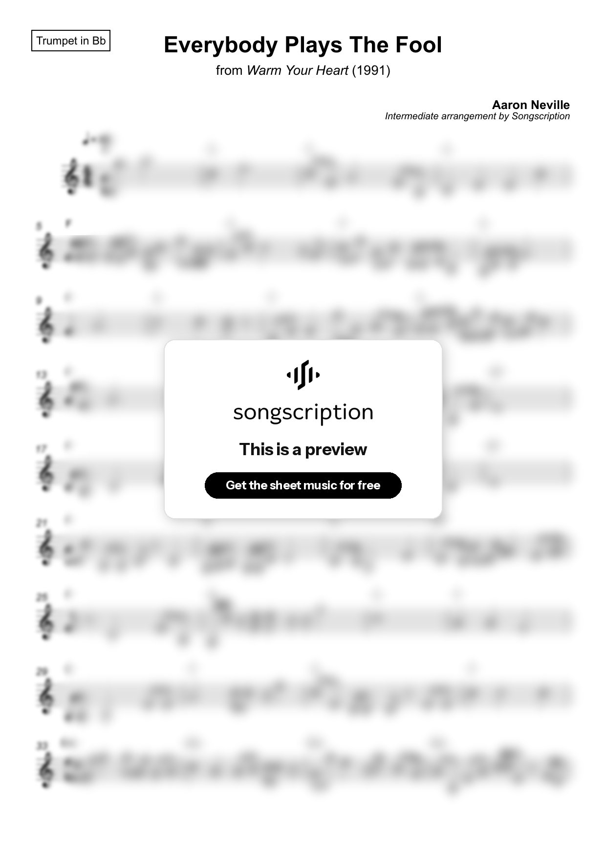 Intermediate Trumpet Sheet Music for "Everybody Plays The Fool" by Aaron Neville