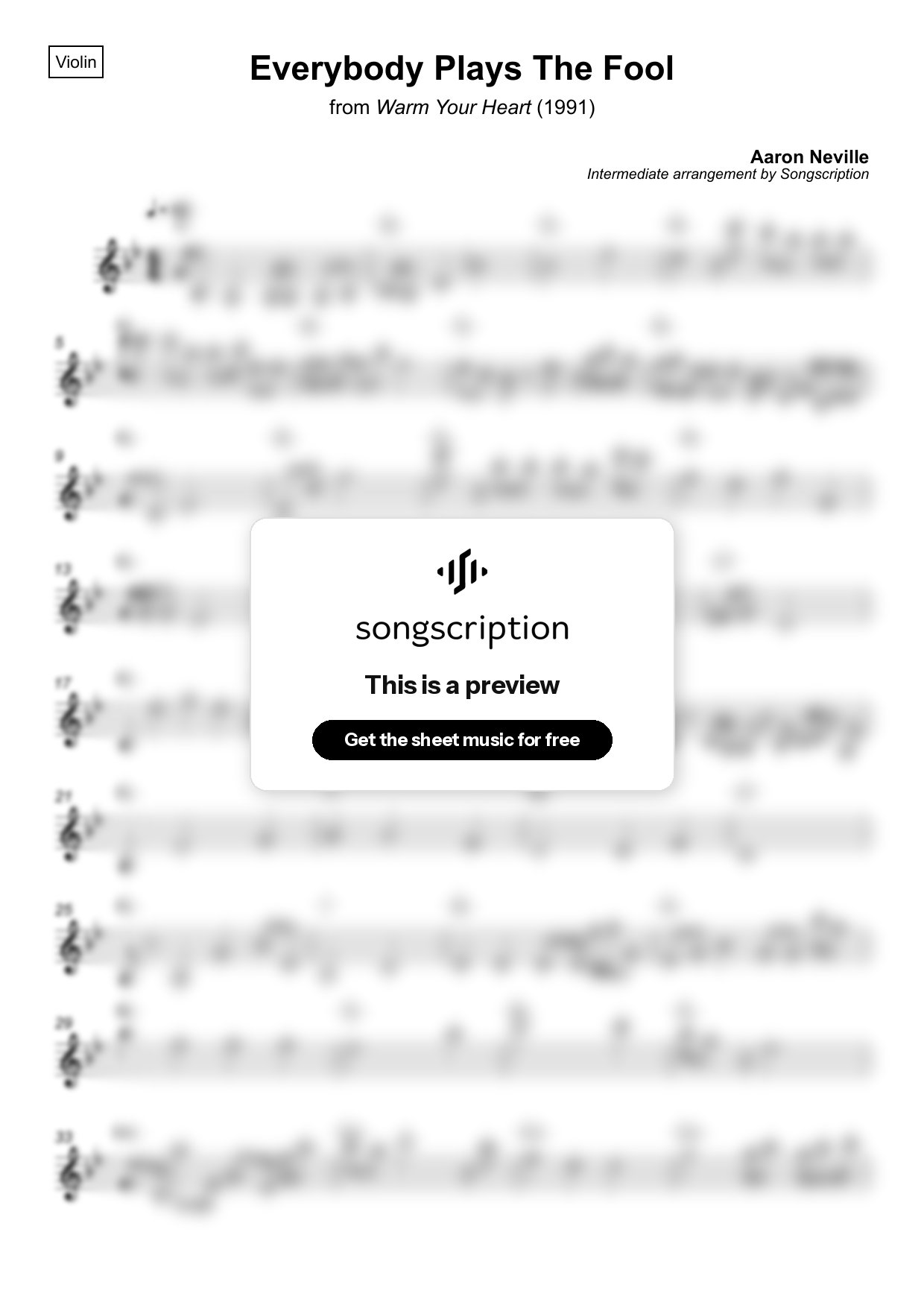 Intermediate Violin Sheet Music for "Everybody Plays The Fool" by Aaron Neville