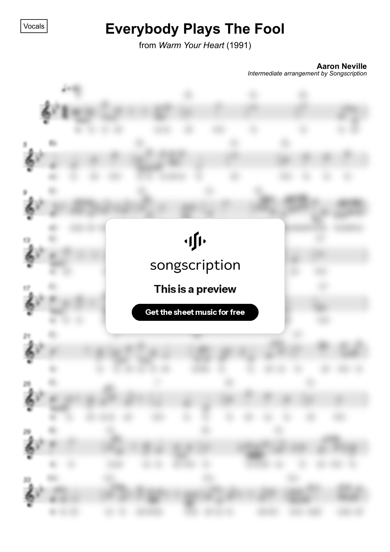 Intermediate Vocals Sheet Music for "Everybody Plays The Fool" by Aaron Neville