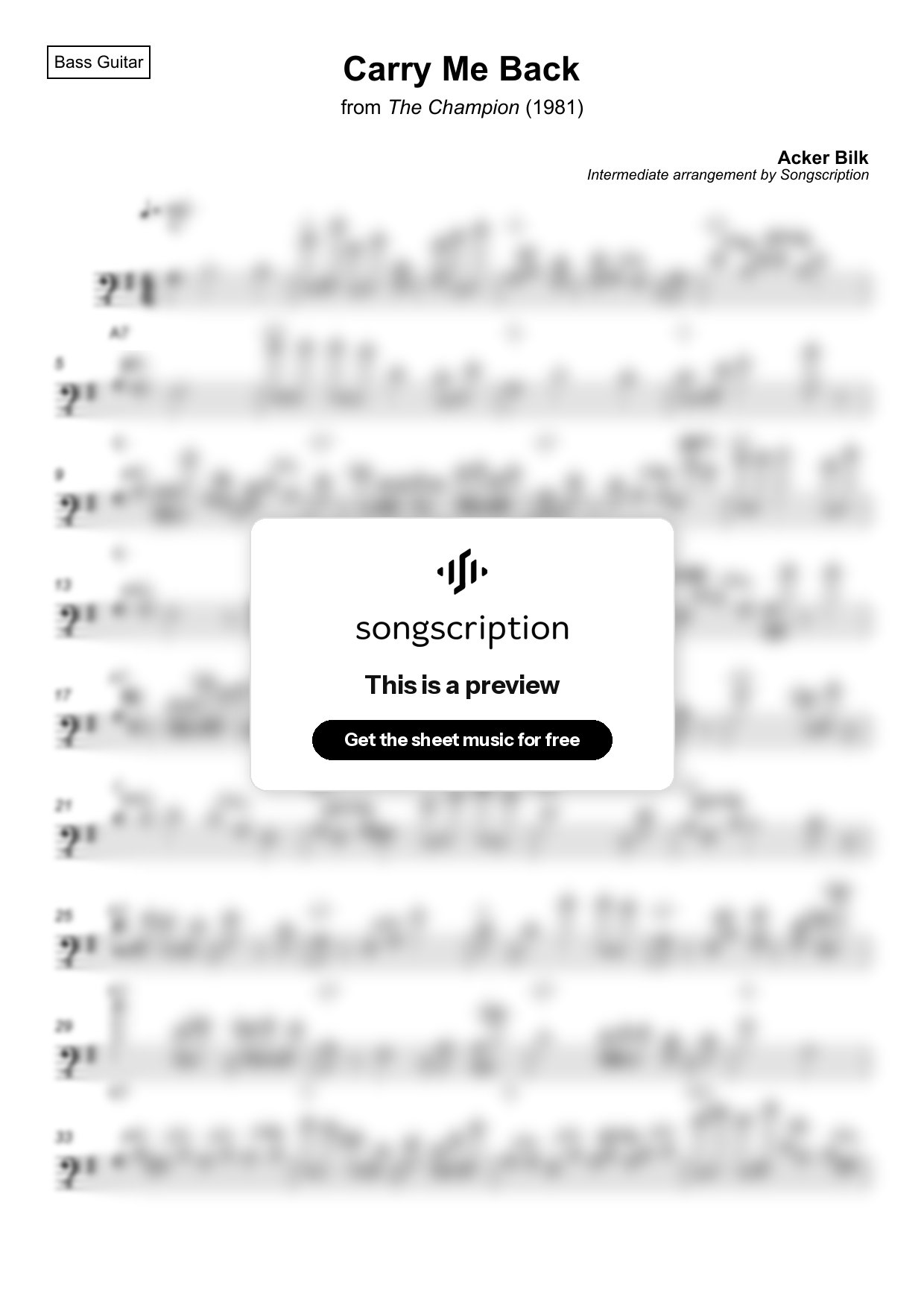 Intermediate Bass Guitar Sheet Music for "Carry Me Back" by Acker Bilk