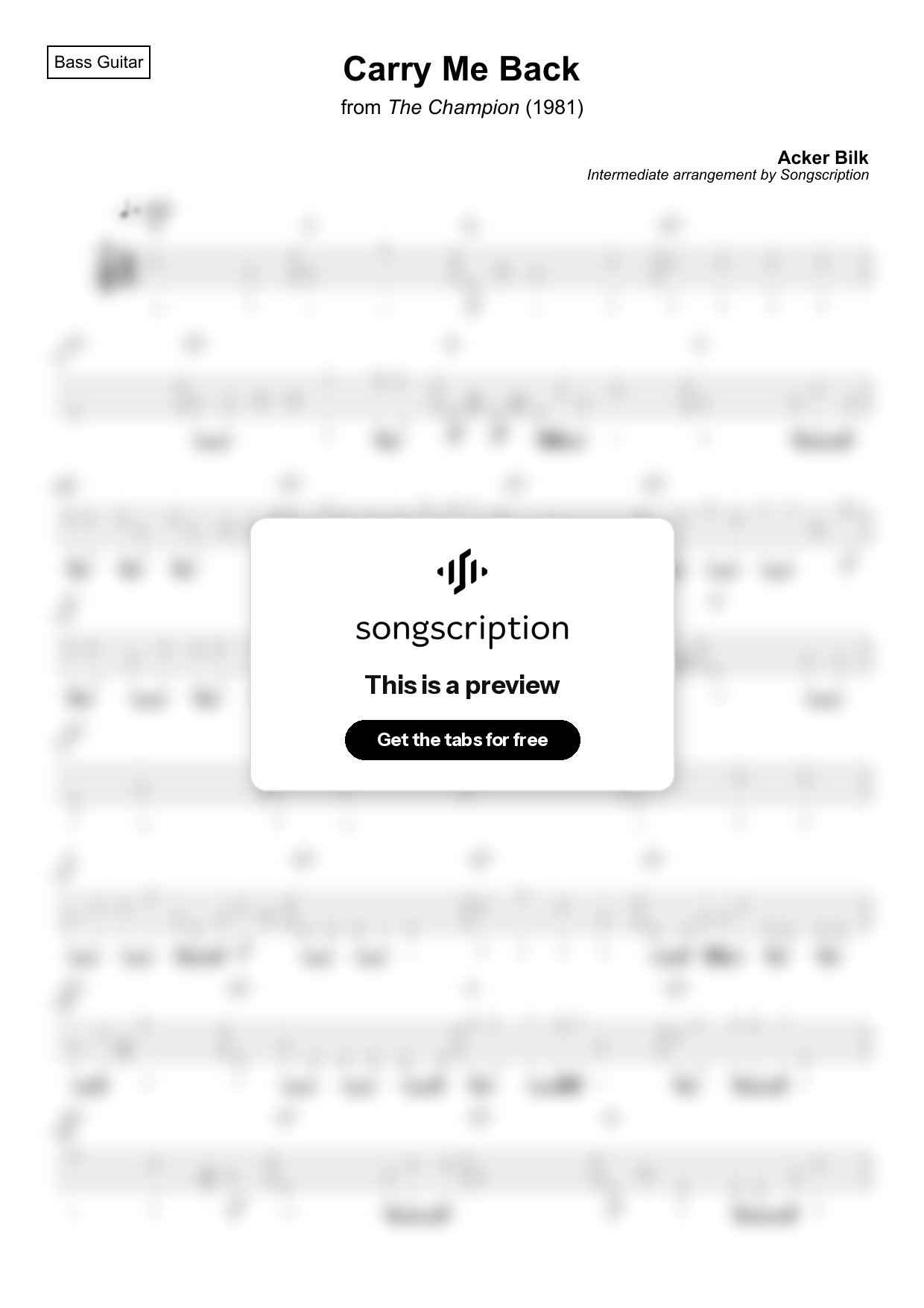 Intermediate Bass Guitar Tabs for "Carry Me Back" by Acker Bilk