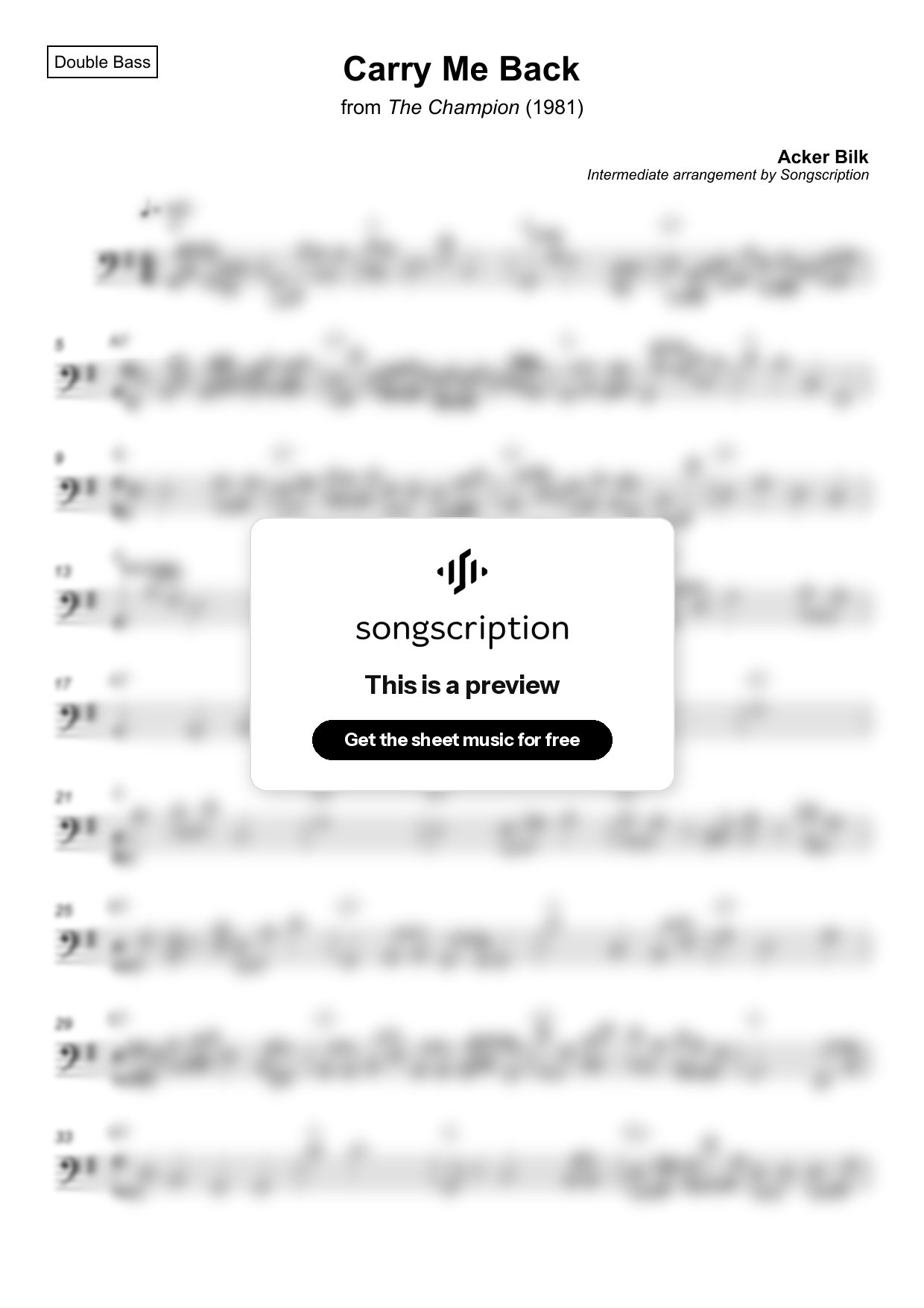 Intermediate Double Bass Sheet Music for "Carry Me Back" by Acker Bilk
