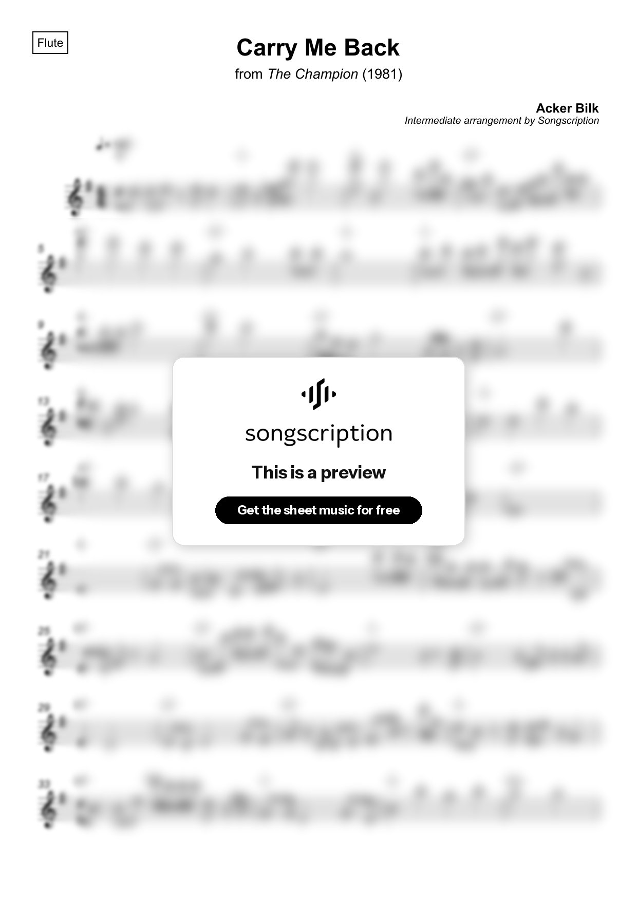 Intermediate Flute Sheet Music for "Carry Me Back" by Acker Bilk