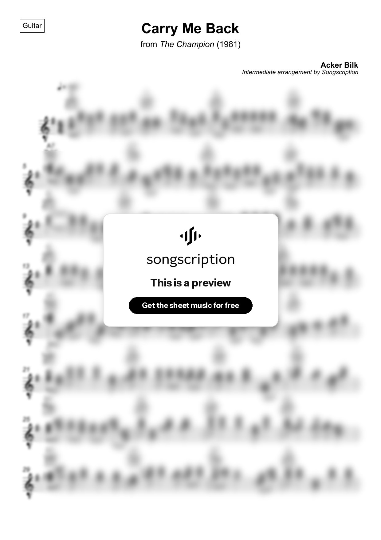 Intermediate Acoustic Guitar Sheet Music for "Carry Me Back" by Acker Bilk