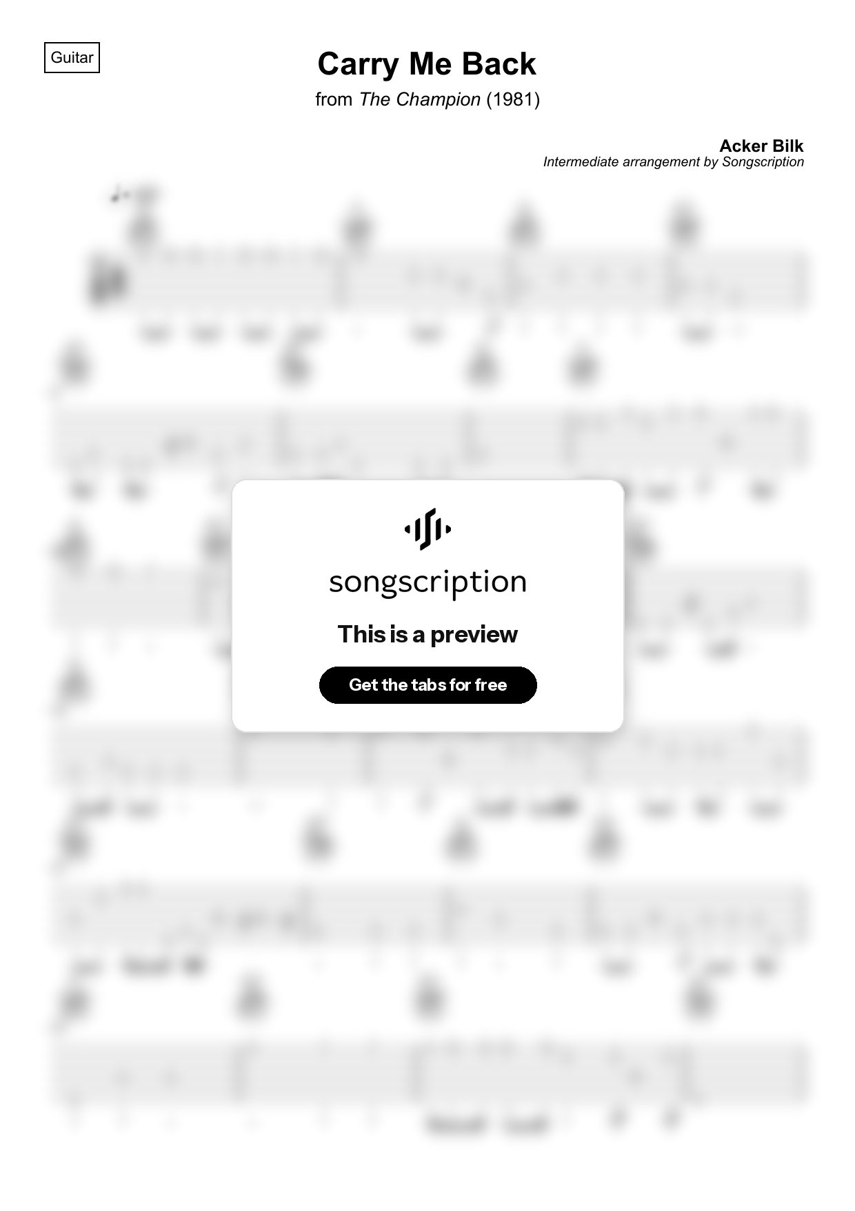 Intermediate Acoustic Guitar Tabs for "Carry Me Back" by Acker Bilk