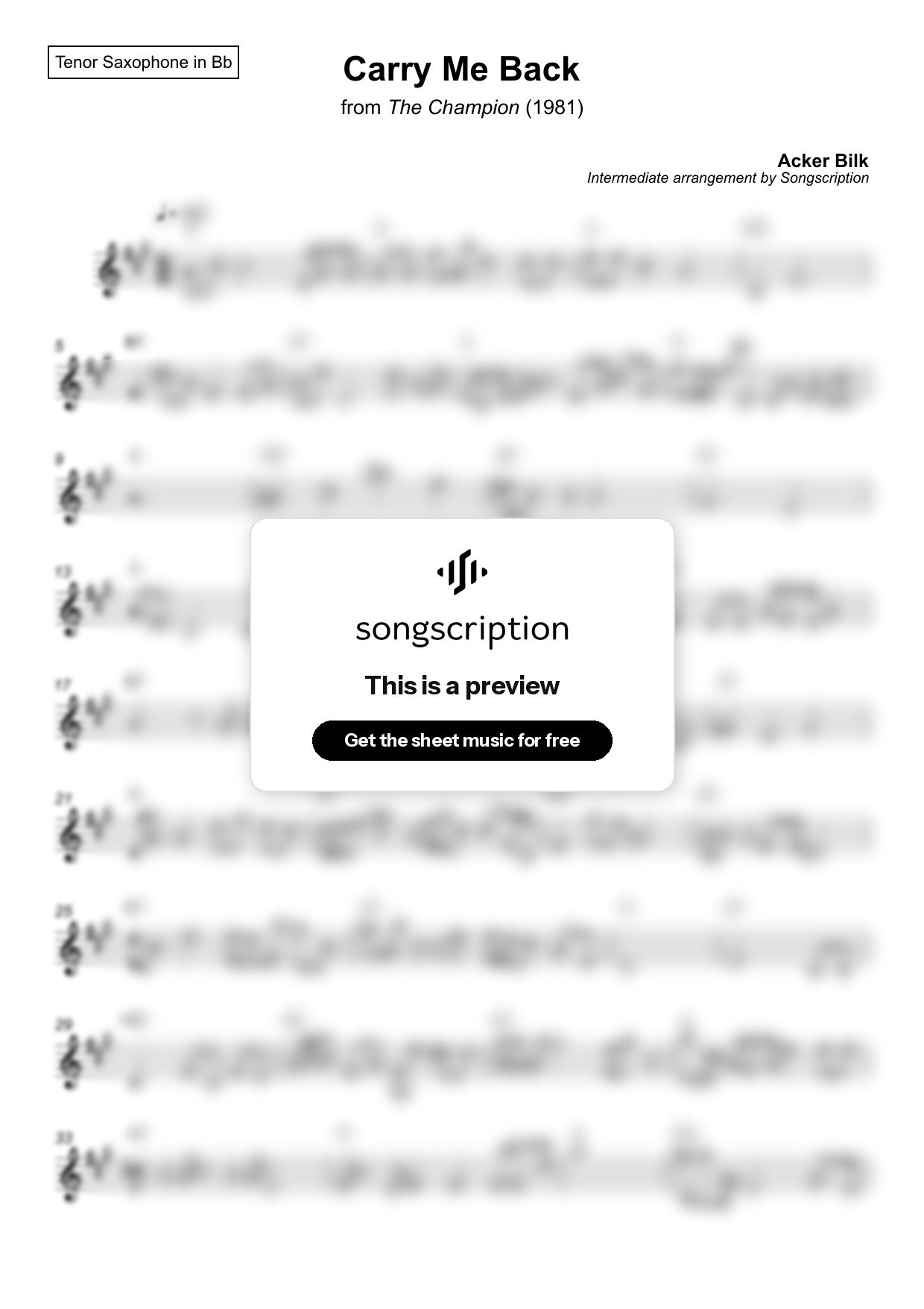Intermediate Tenor Sax Sheet Music for "Carry Me Back" by Acker Bilk