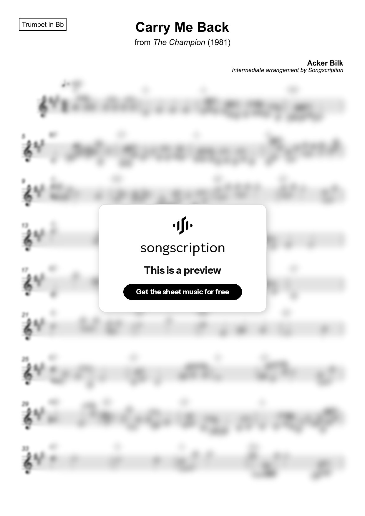 Intermediate Trumpet Sheet Music for "Carry Me Back" by Acker Bilk