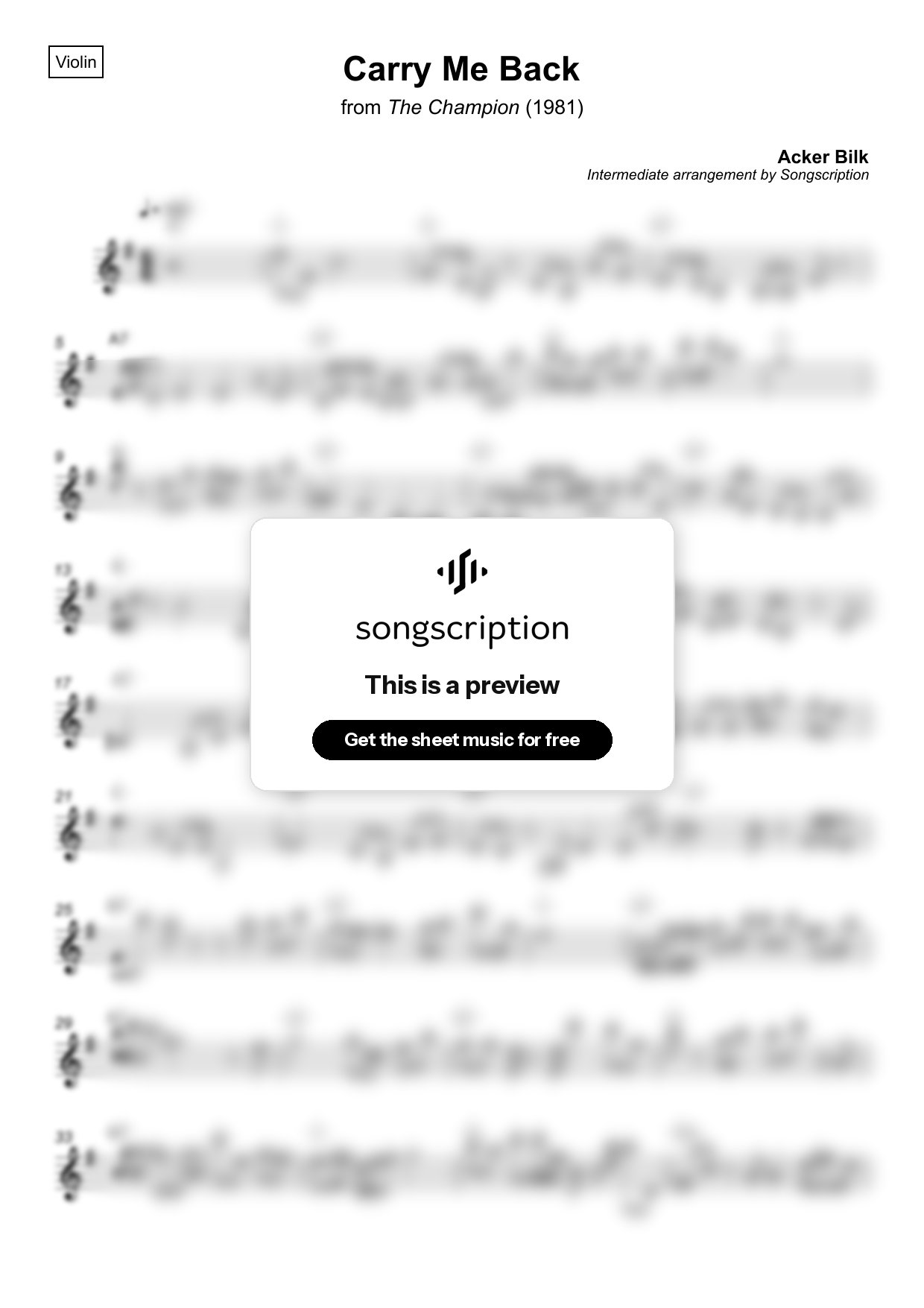 Intermediate Violin Sheet Music for "Carry Me Back" by Acker Bilk