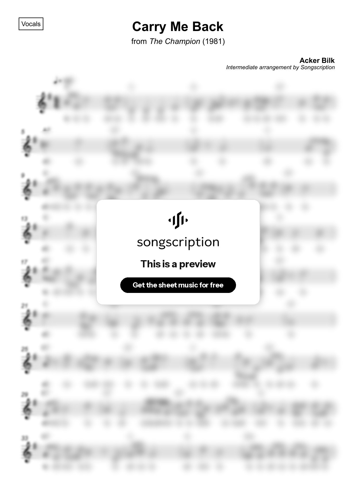 Intermediate Vocals Sheet Music for "Carry Me Back" by Acker Bilk