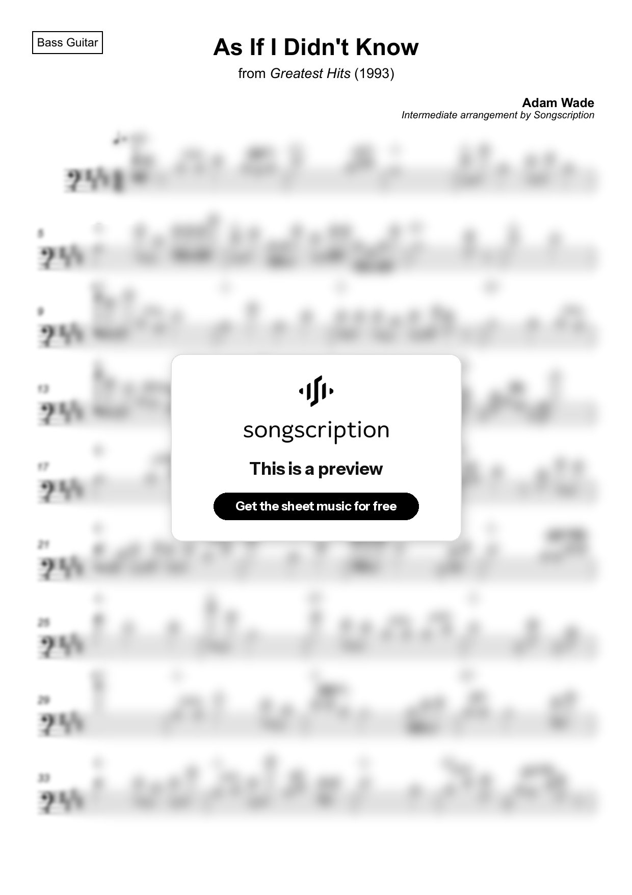 Intermediate Bass Guitar Sheet Music for "As If I Didn't Know" by Adam Wade