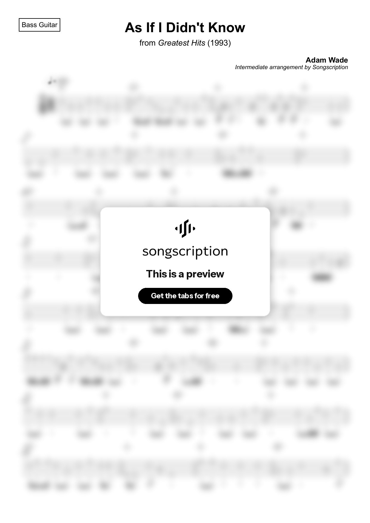 Intermediate Bass Guitar Tabs for "As If I Didn't Know" by Adam Wade