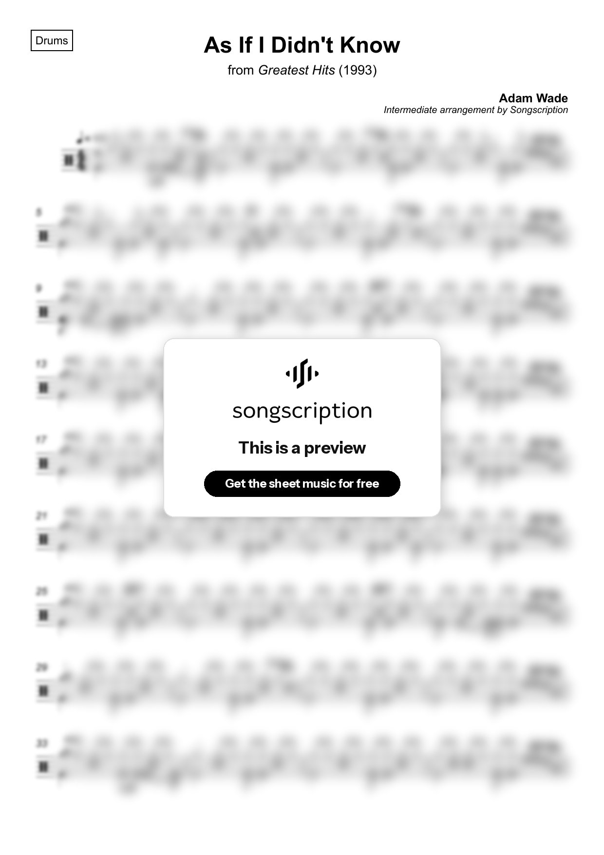 Intermediate Drums Sheet Music for "As If I Didn't Know" by Adam Wade