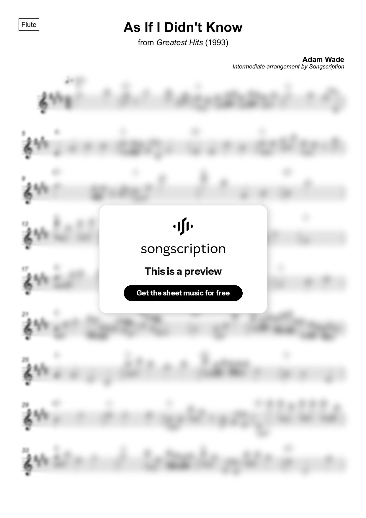 Intermediate Flute Sheet Music for "As If I Didn't Know" by Adam Wade