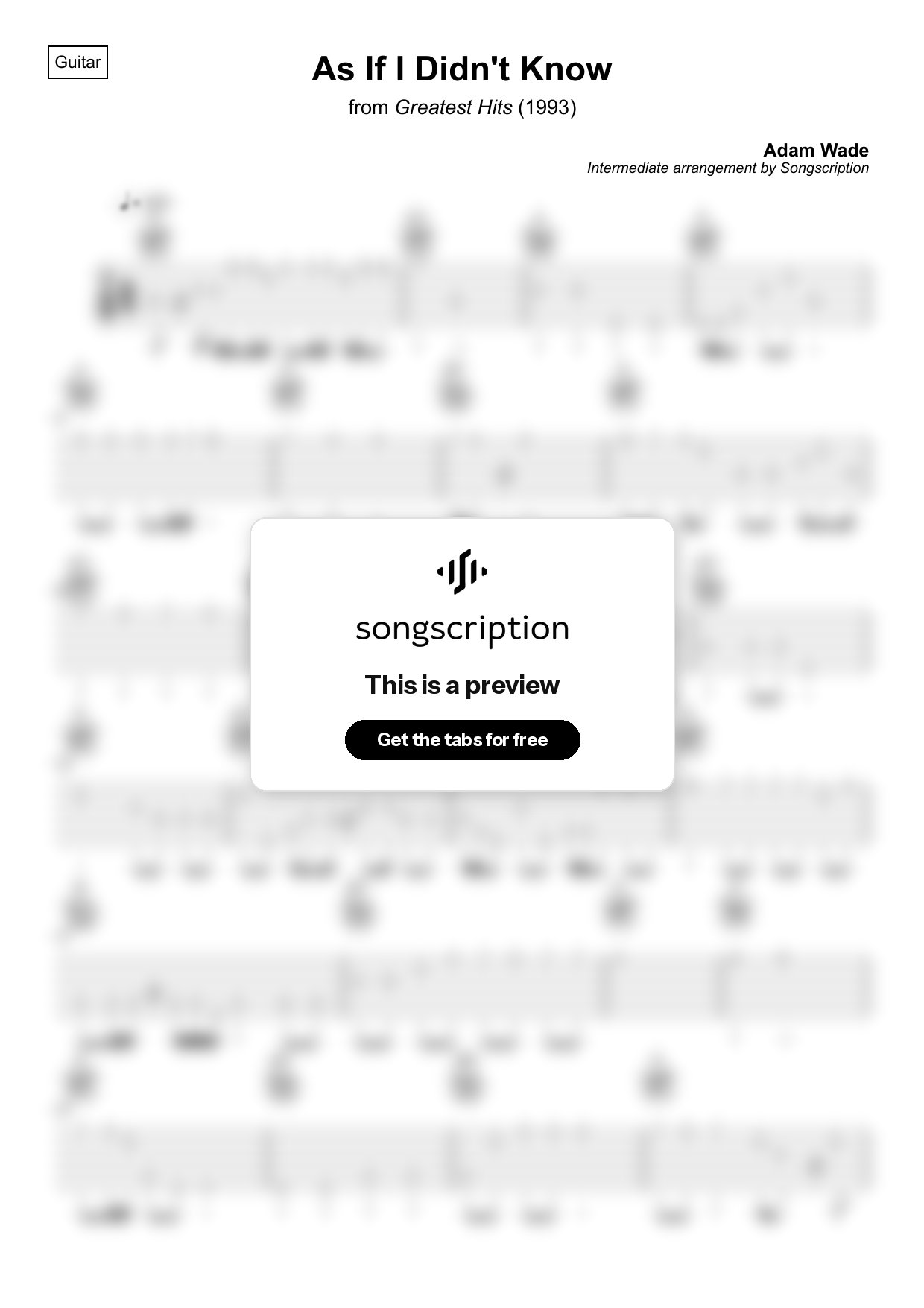 Intermediate Acoustic Guitar Tabs for "As If I Didn't Know" by Adam Wade