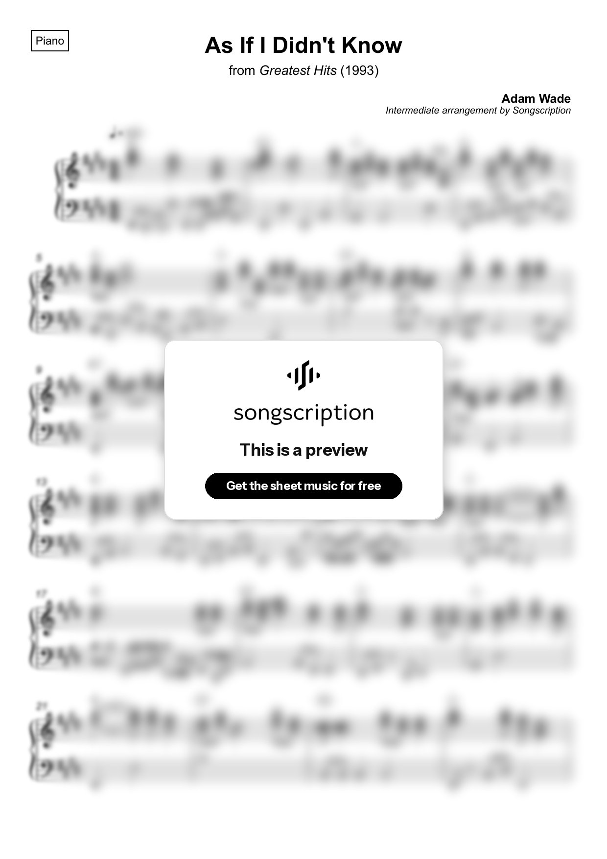 Intermediate Piano Sheet Music for "As If I Didn't Know" by Adam Wade