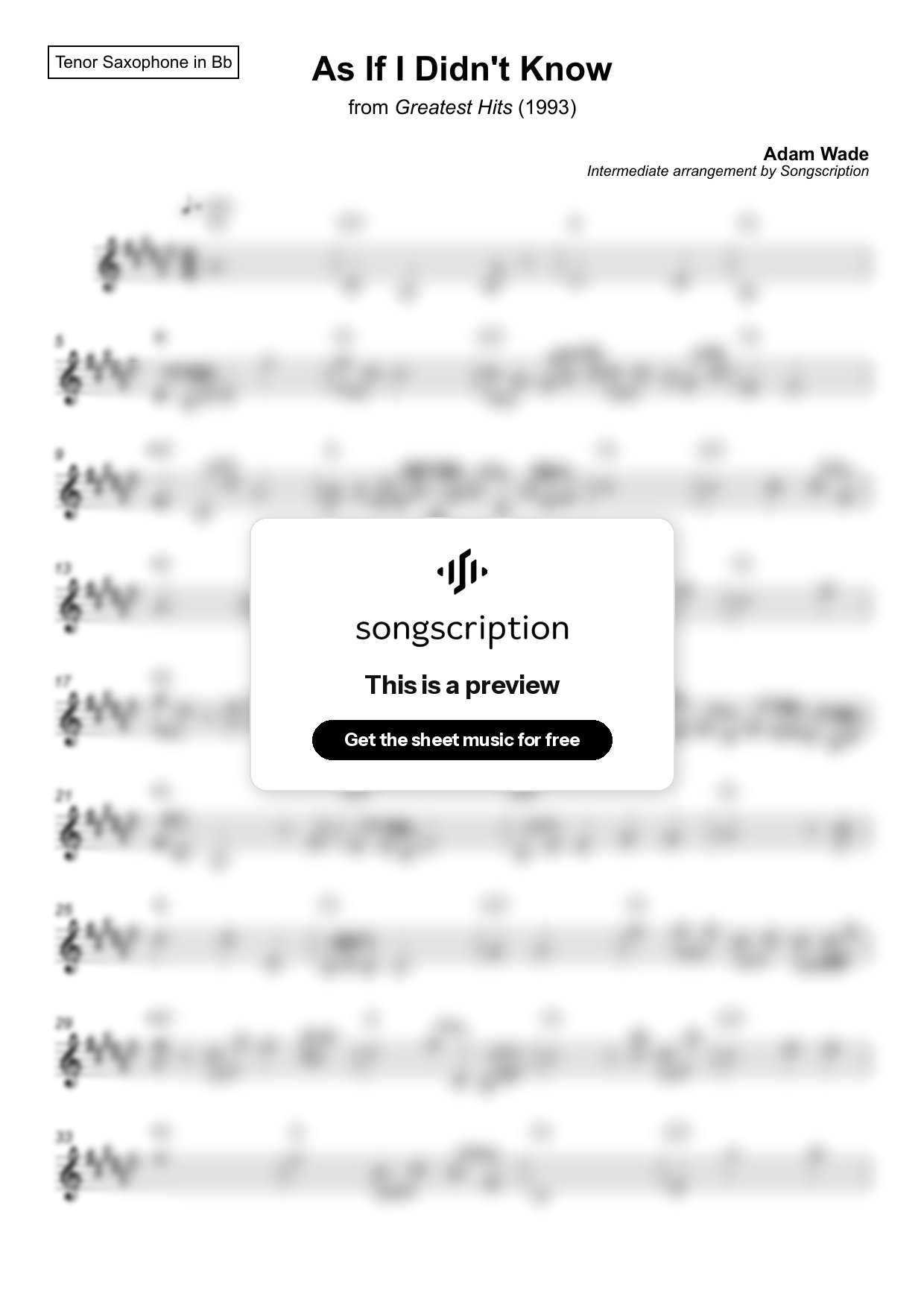 Intermediate Tenor Sax Sheet Music for "As If I Didn't Know" by Adam Wade