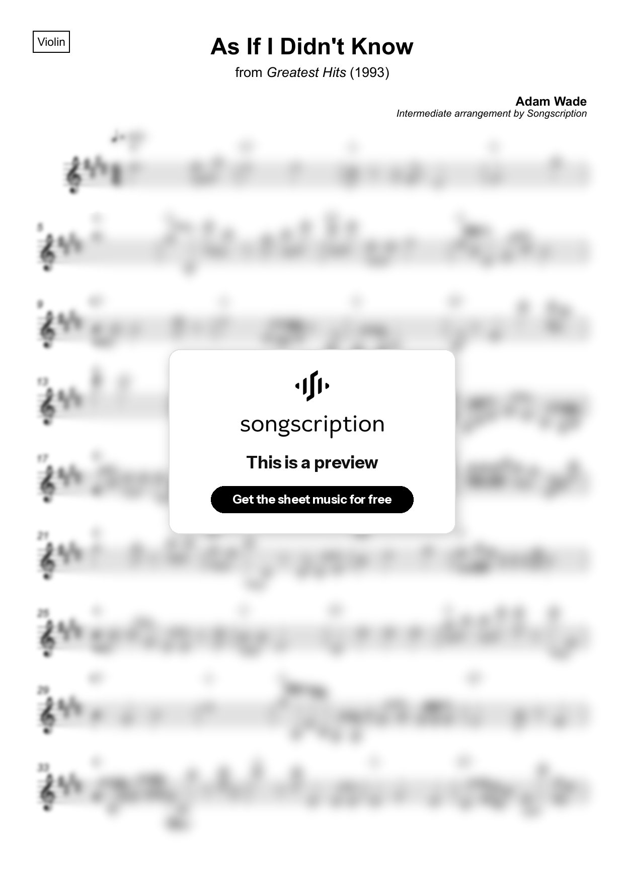 Intermediate Violin Sheet Music for "As If I Didn't Know" by Adam Wade