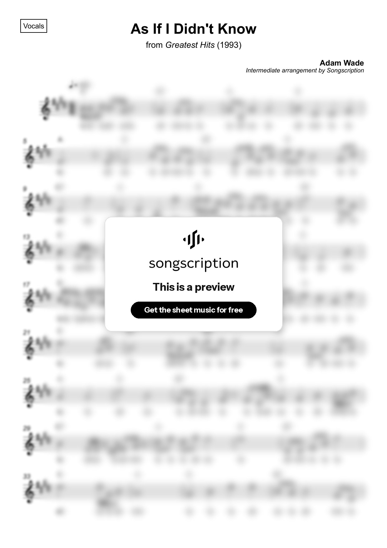 Intermediate Vocals Sheet Music for "As If I Didn't Know" by Adam Wade