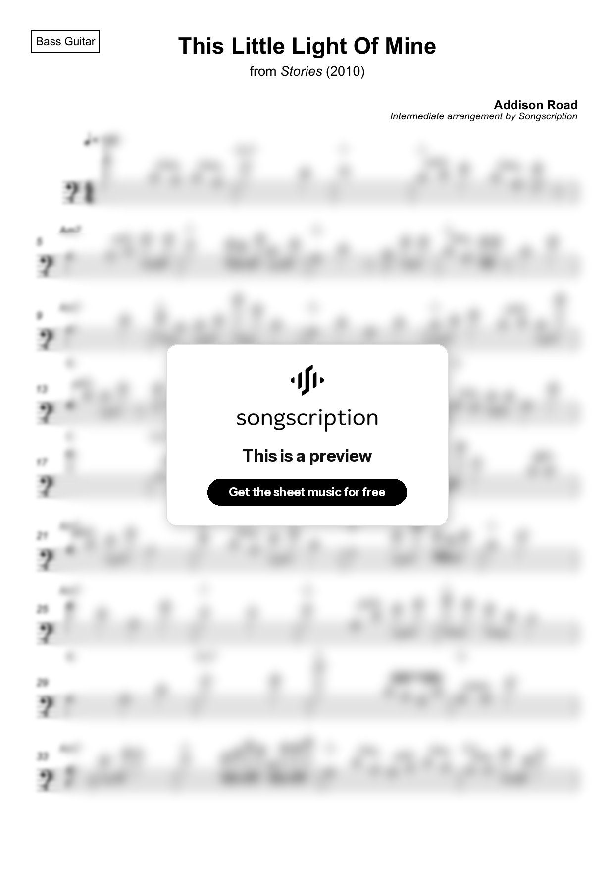 Intermediate Bass Guitar Sheet Music for "This Little Light Of Mine" by Addison Road