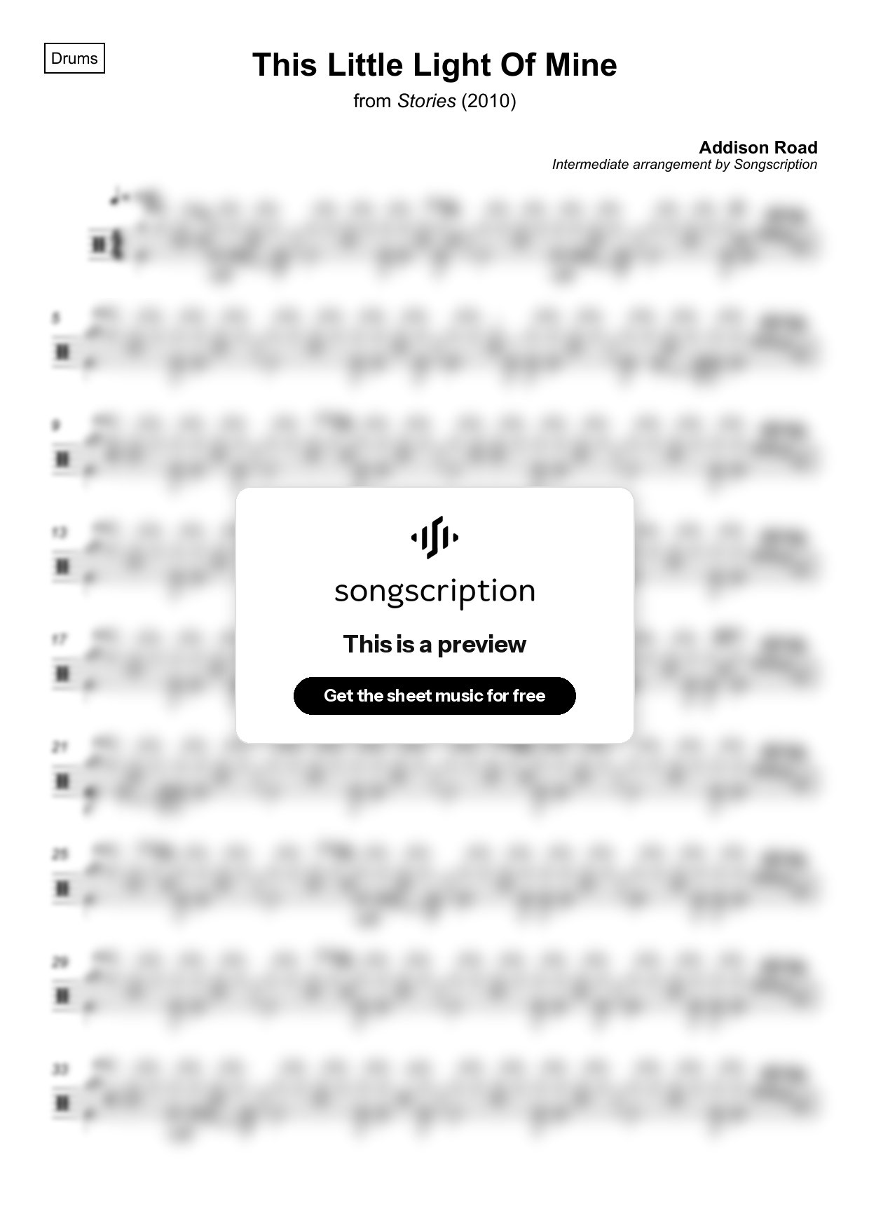 Intermediate Drums Sheet Music for "This Little Light Of Mine" by Addison Road