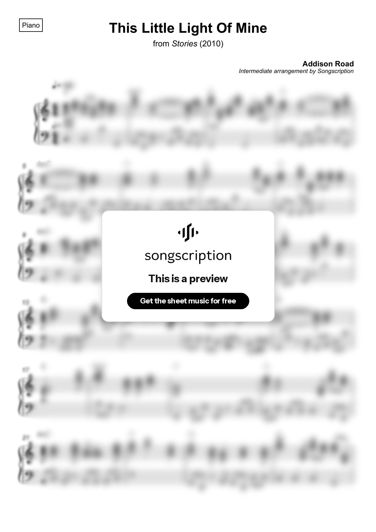 Intermediate Piano Sheet Music for "This Little Light Of Mine" by Addison Road