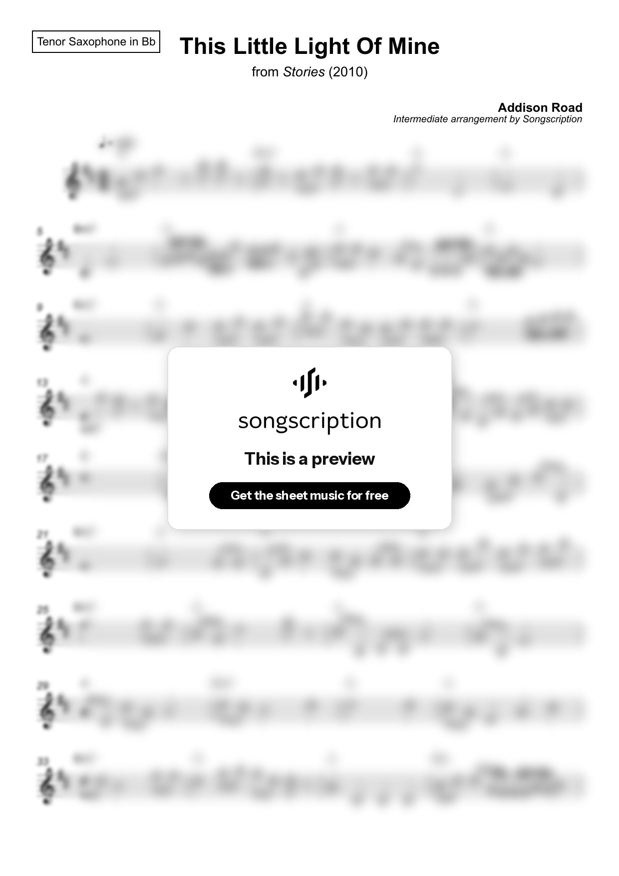 Intermediate Tenor Sax Sheet Music for "This Little Light Of Mine" by Addison Road