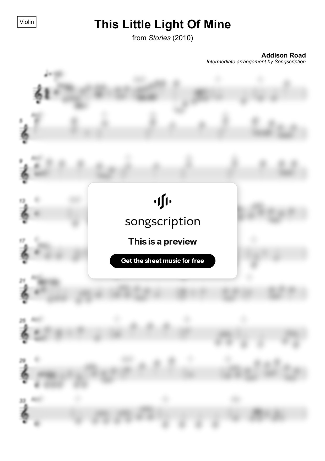 Intermediate Violin Sheet Music for "This Little Light Of Mine" by Addison Road