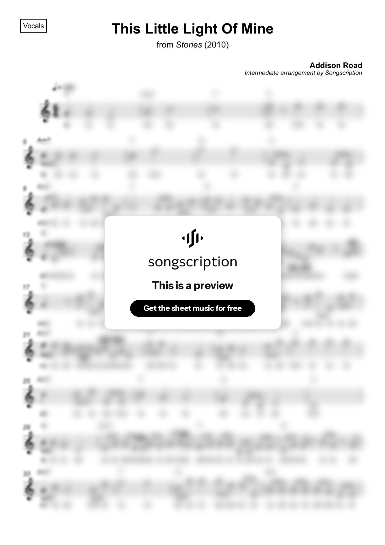 Intermediate Vocals Sheet Music for "This Little Light Of Mine" by Addison Road